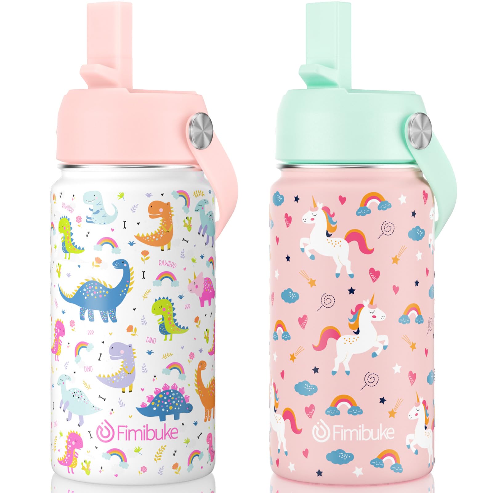 Fimibuke Kids Insulated Water Bottle - 14oz BPA-FREE Double Wall Vacuum Tumbler 18/8 Stainless Steel Leak Proof Cups with Straw Metal Bottle for School Boy Girl (2 Pack, UNICORN+WHITE DINOSAUR)