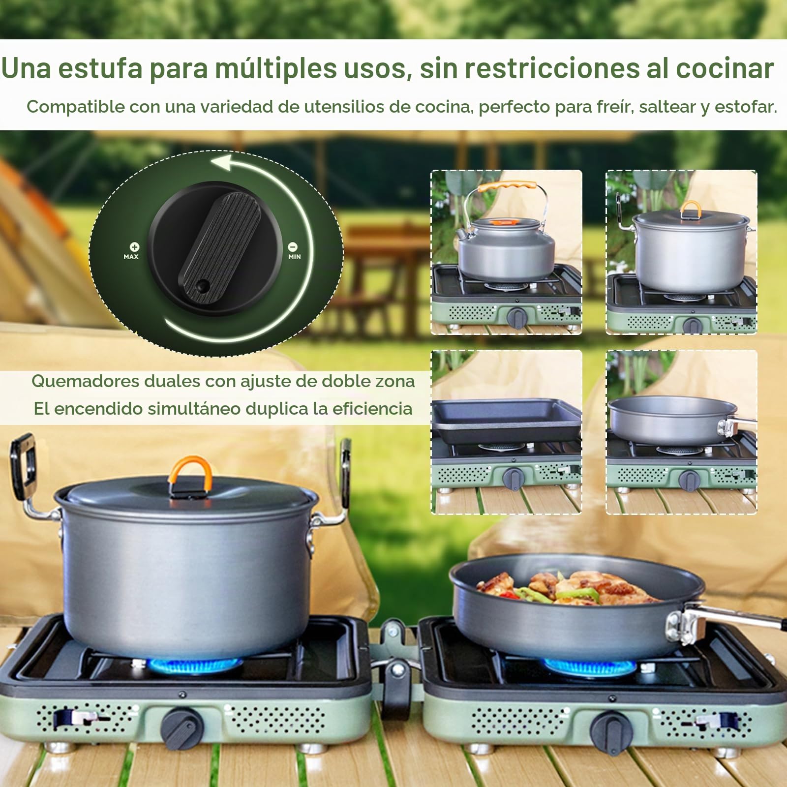Estufa De Camping, 2 En 14400 W 2 Quemadores Estufa De Gas Portátil Plegable Quemador Ajustable Con Parrilla Y Asa Para Manguera Bolsa Transporte Para Cocinar En Camping (Sin Tanque De Gas)