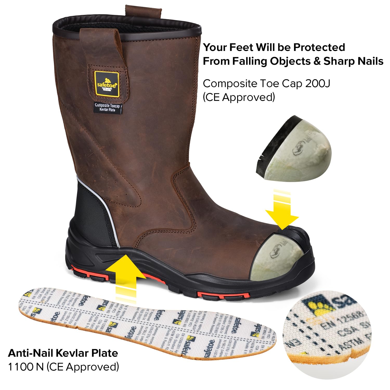 SAFETOE Arbeitsstiefel für Herren/Damen Kuh Leder Sicherheitsstiefel 20 CM Composite Toe Anti-Nagel Gummi Sohle Industrielle Bau Stiefel für Öl, Gas, Mine S3 ESD EU Größe