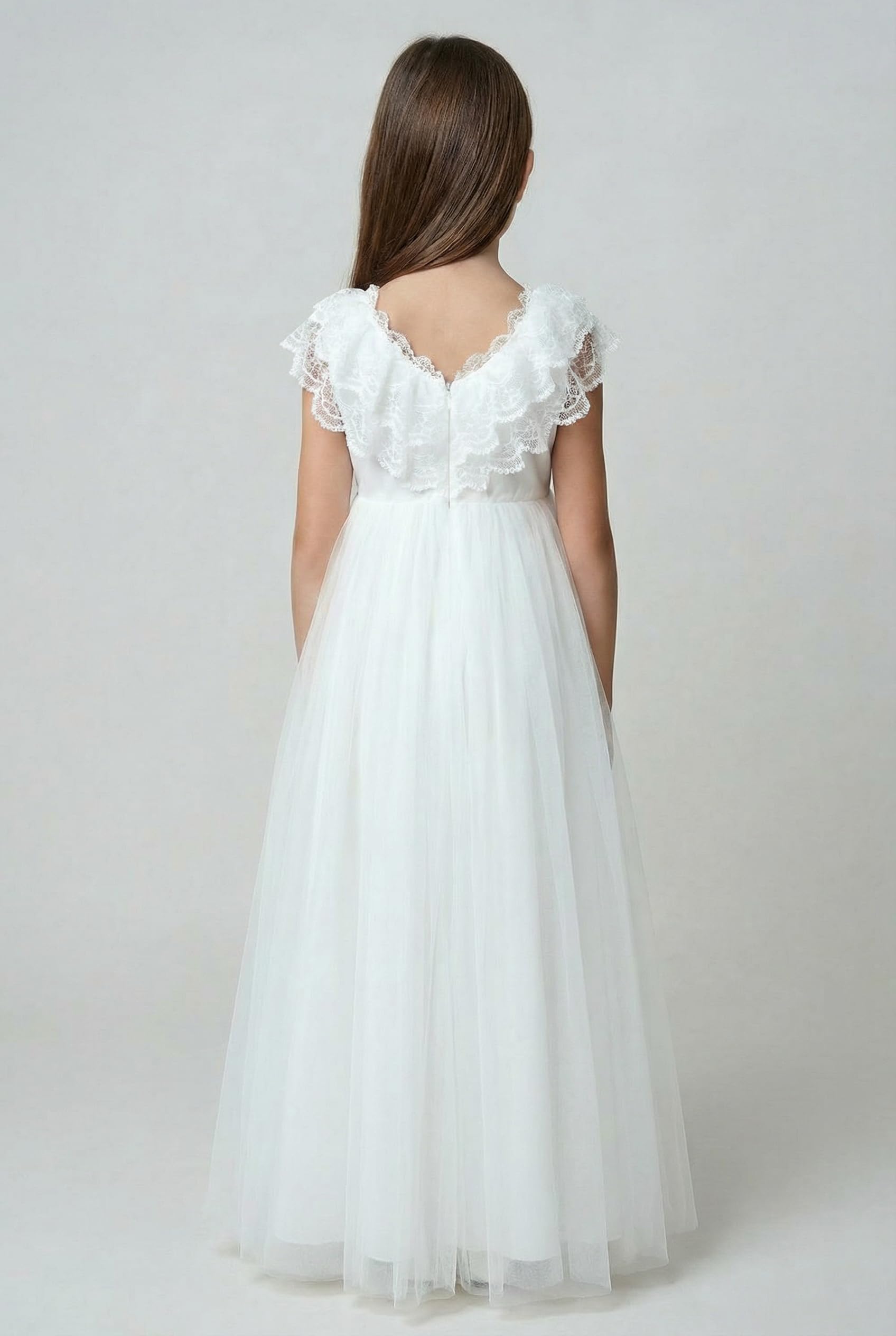 SIRRI Mädchen elfenbeinfarbenes Spitzen-Tüllkleid, Blumenmädchenkleid, bodenlang, Kommunionkleid, Alter 3-12