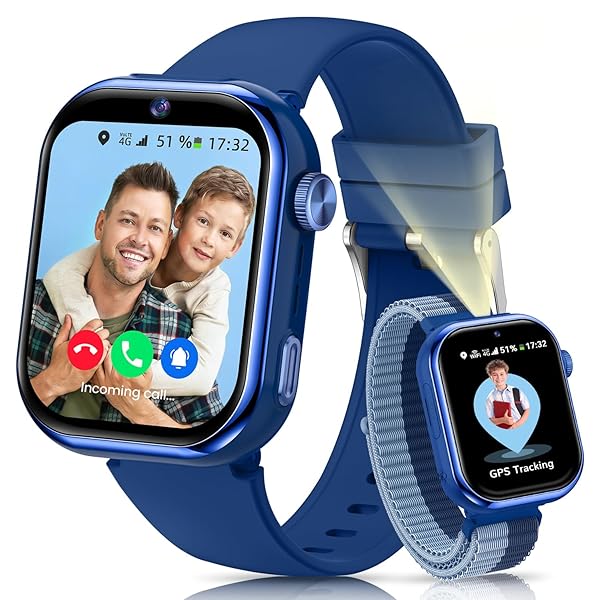4G Smart Watch for Kids, 1.83'' HD Smartwatch Children with GPS and Calls, Video Calls, Voice Chat, School Mode, Dual Camera, Sleep Monitor, Pedometer, Alarm Clock IP68 for Girls Boys Blue