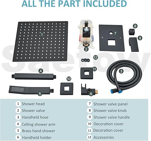 Miniatura 8 de Saetow Sistema de ducha negro mate de montaje en el techo, cabezal de ducha de alta presión de 12 pulgadas con rociador de mano, juego combinado de