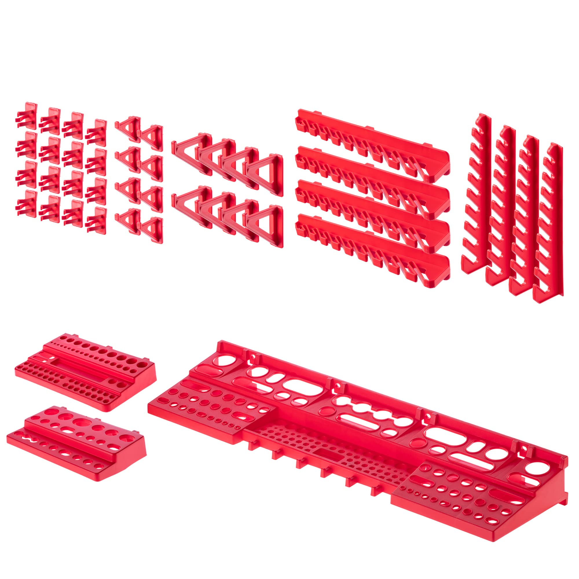 KADAX Estantería de pared para taller, 116 x 78 cm, sistema de almacenamiento de plástico resistente, resistente a los rayos UV, paneles de pared ampliables, estantería (rojo y negro, 67 piezas)
