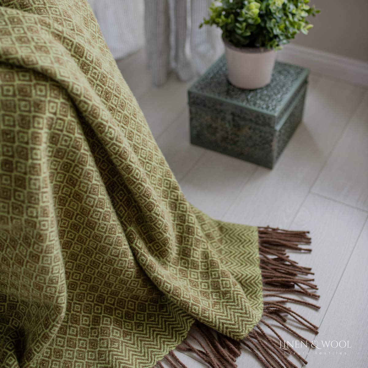 Linen & Cotton Plaid de Luxe Paris Diamant Sergé - 100% Pure Laine de Nouvelle-Zélande, Brun Marron Vert (140 x 200cm) Couverture Chauffante/Jeté de Canapé/Couvre Lit Polaire/Blanket Sofa Fauteuil