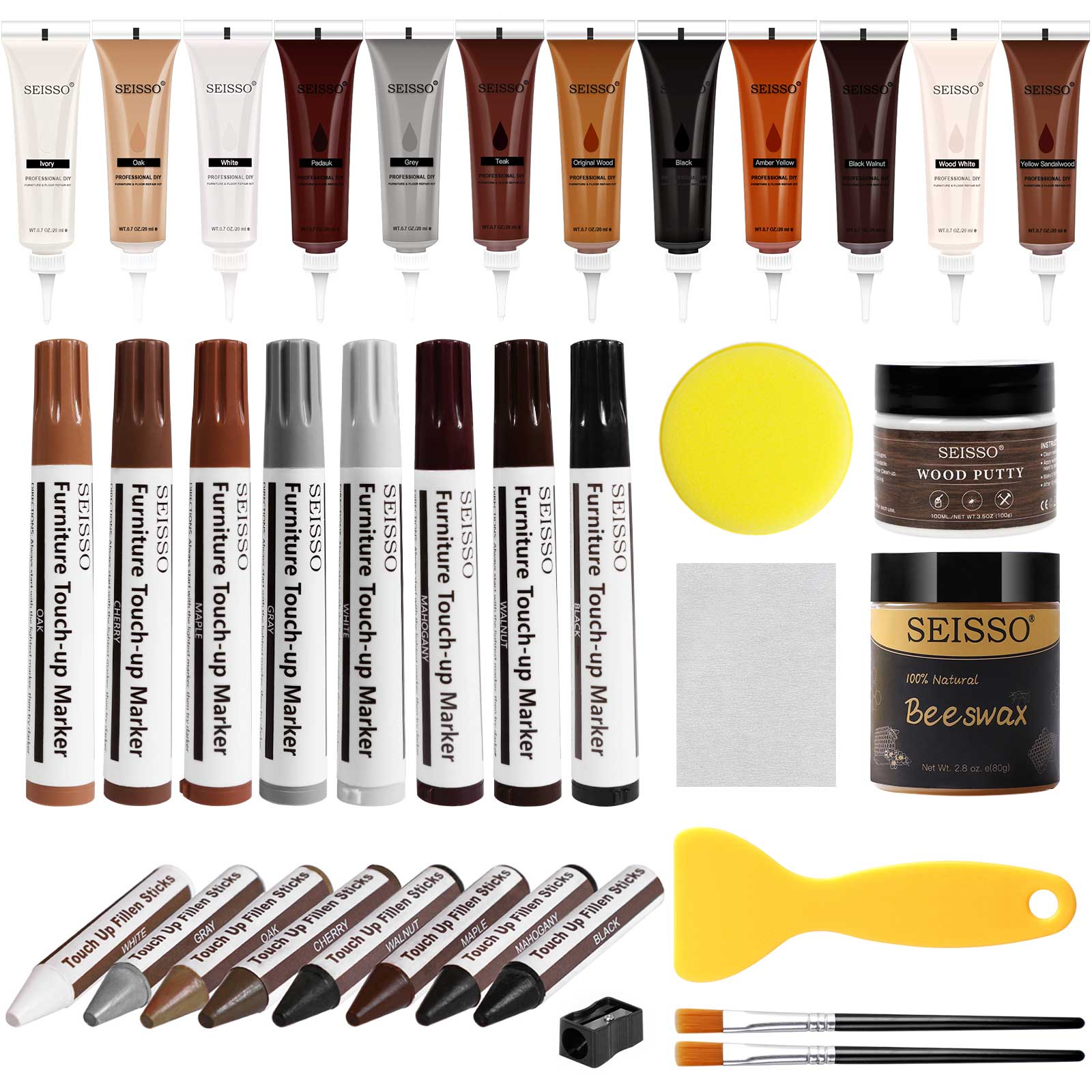 SEISSO Wood Furniture Repair Kit, 12 Colors Wood Fillers, Wood Putty with Beeswax, Furniture Touch Up Markers with Wood Crayons, Hardwood Floor Repair Kit for Stains, Scratch, Cracks, Hole