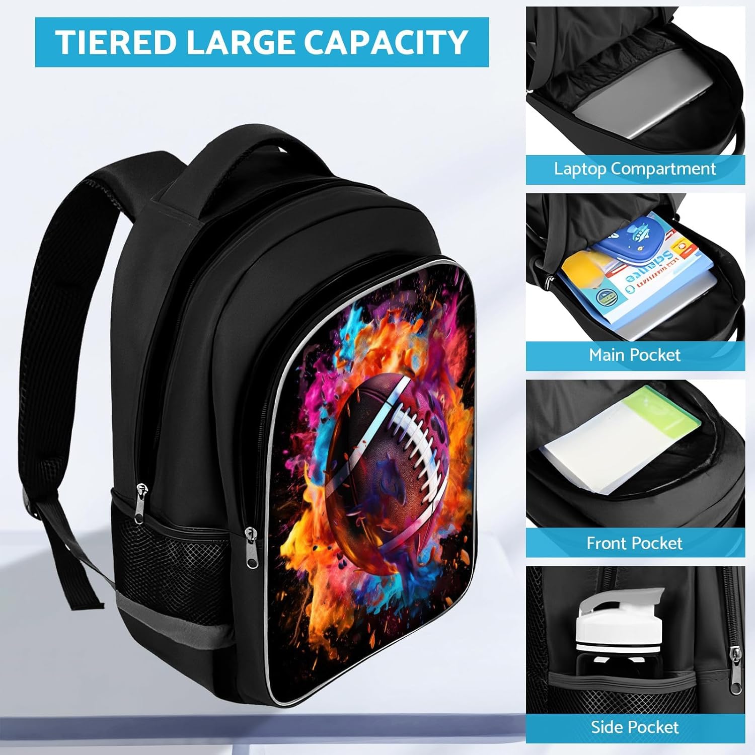 School Backpack for Boys - American Football Boys Backpack for Kids Children Teens Elementary Middle School - Students Bag for Ages 6-18,17″Bookbag Multifunctional Large Capacity - Image 5
