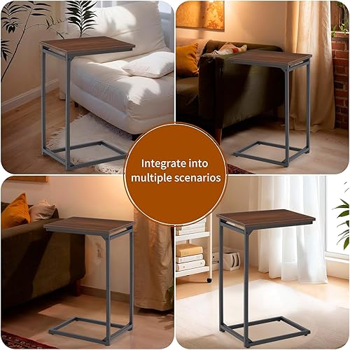 Miniatura 3 de Mesa auxiliar en forma de C, mesa C para sofá, mesa de sofá pequeña con marco de metal para sala de estar, dormitorio, madera marrón