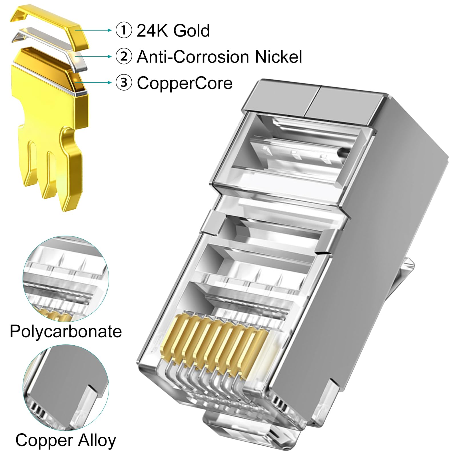 Brileine Lot de 100 connecteurs RJ45 blindés Cat 6 avec cache-bottes RJ45, terminaisons simplifiées avec extrémités Ethernet, extrémités Cat6, connecteurs RJ45, connecteurs Cat 6 pour câbles Cat6