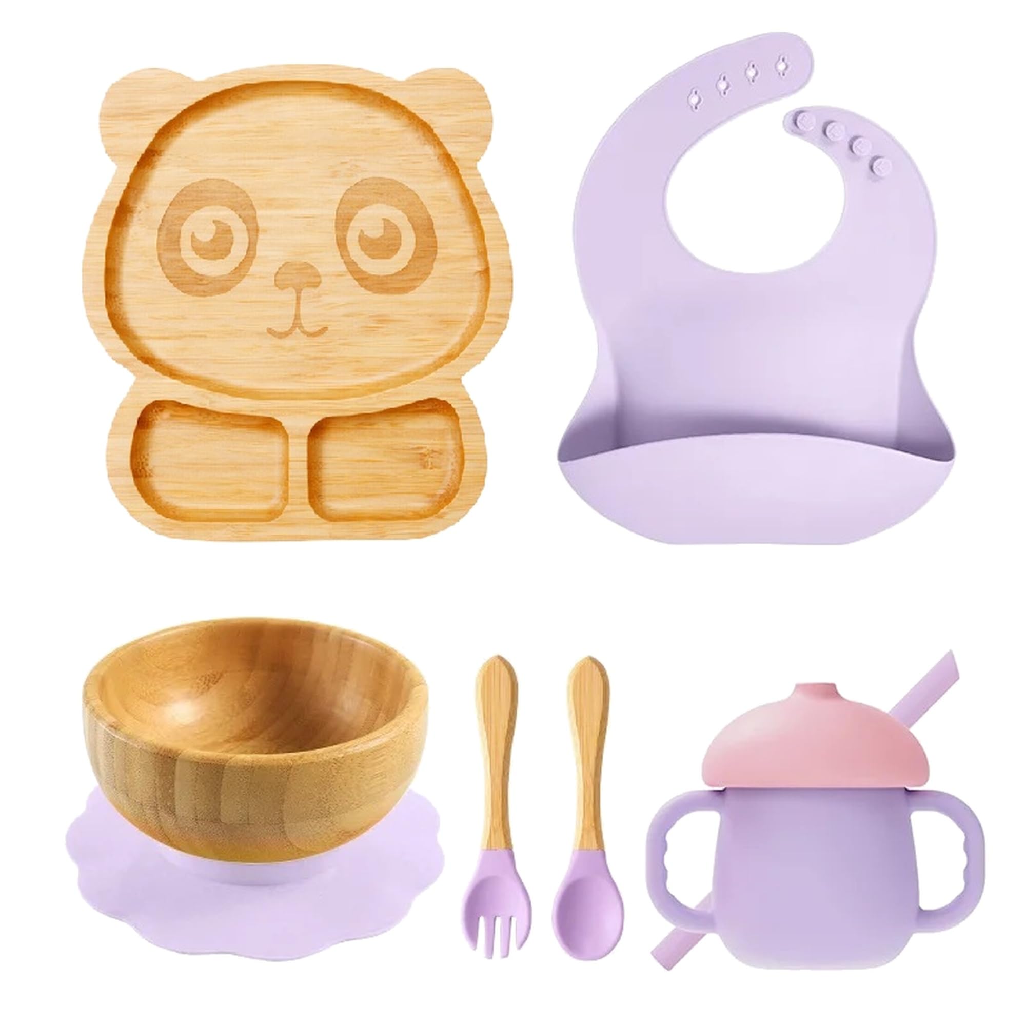 Bamboo Baby Feeding Set with Panda Suction Plate, Bowl, Spoon, Fork, Silicone Bib & Training Cup | 6-Piece Baby Led Weaning Set | BPA Free & Food Safe (Lavender)-image-40