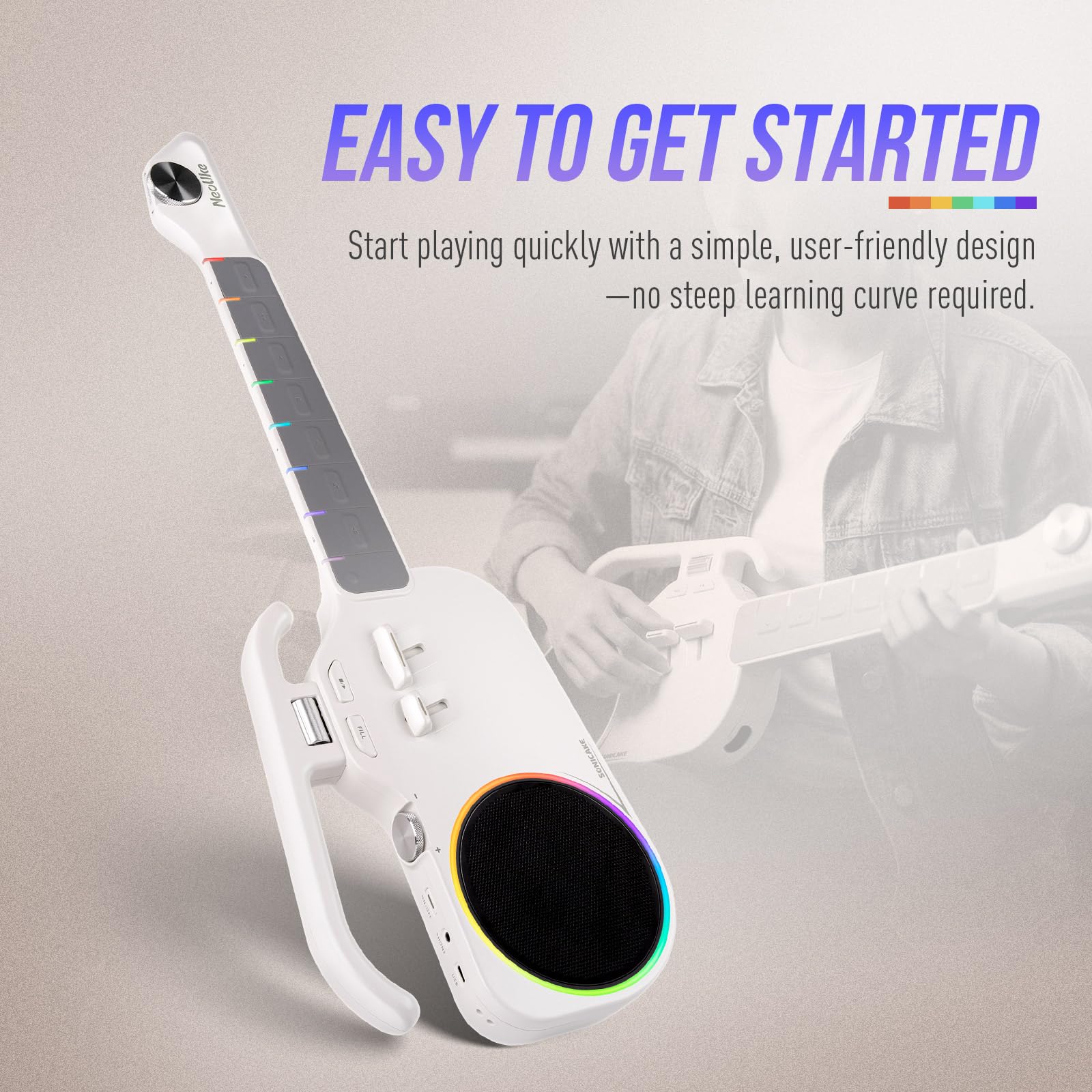 SONICAKE Chitarra Intelligente Senza Corde, Ukulele Digitale con Tastiera Illuminata per Principianti, Strumento da Viaggio Portatile con Altoparlante BT 10W Integrato, Auto Accompagnamento e App