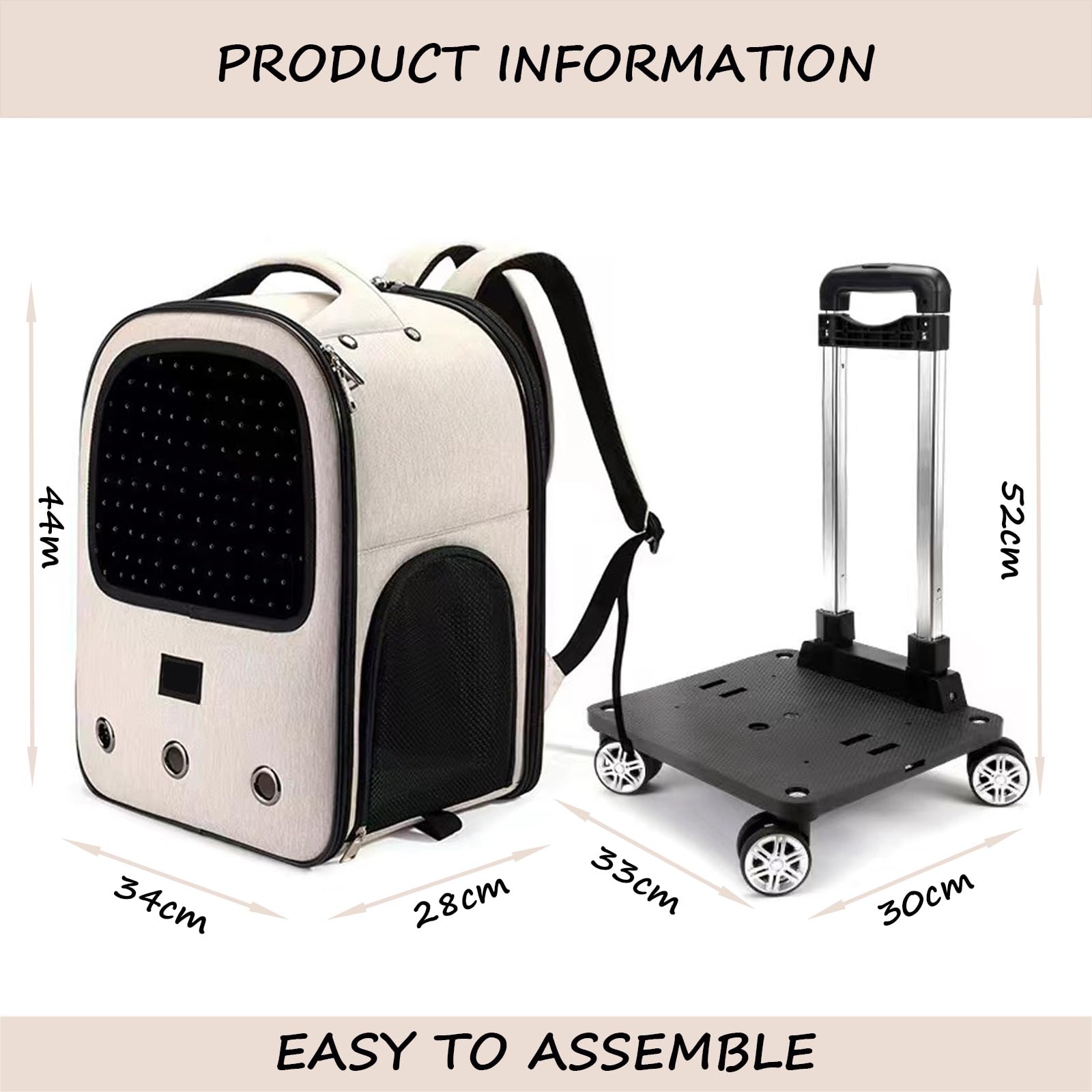 Sac À Dos pour Animaux De Compagnie, Sac De Transport À roulettes pour Animaux De Compagnie,Sac À Dos Roulant pour Chat avec Fenêtres D'aération en Maille,Sac À Dos Poussette,Beige