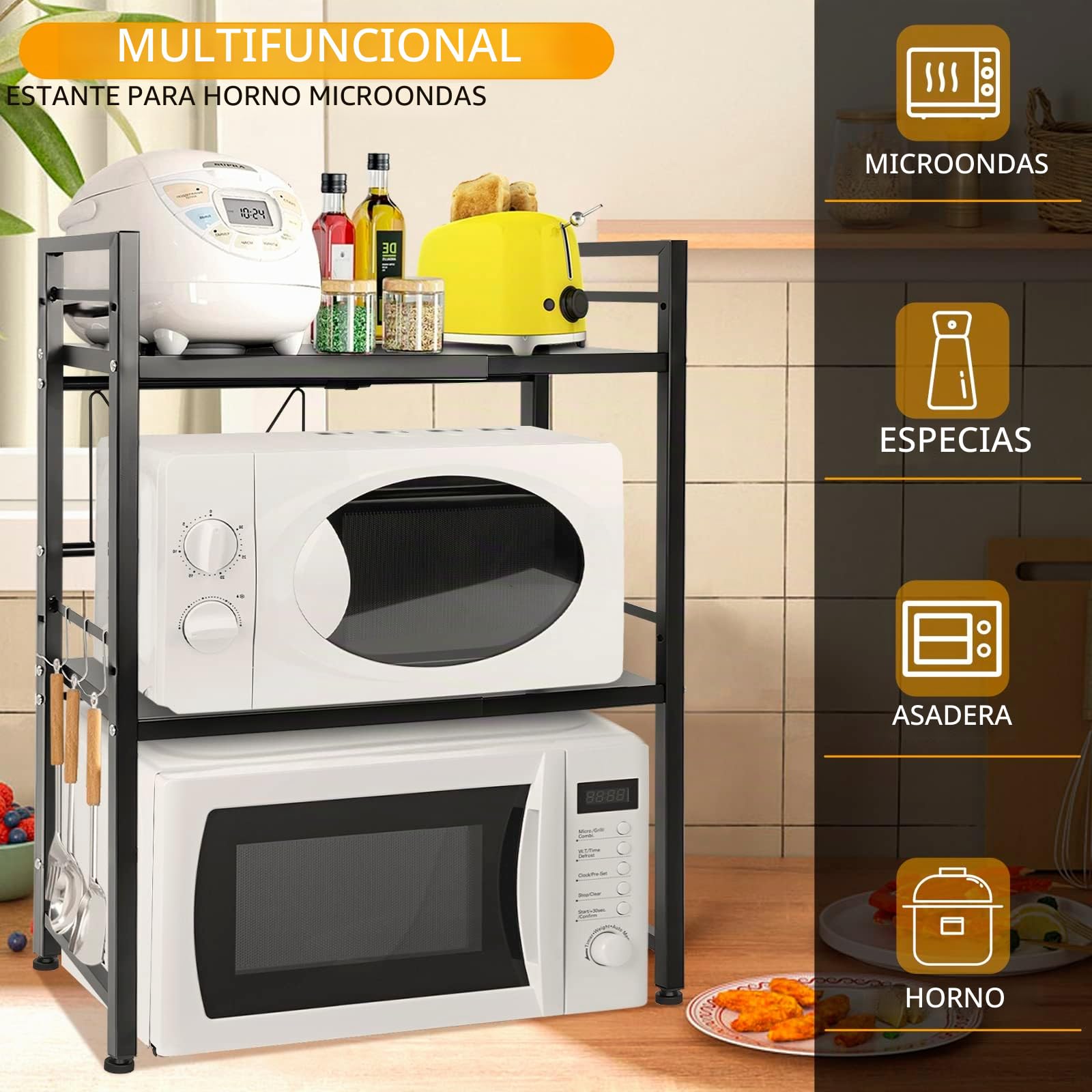 OUUTMEE Estantería expandible para microondas, estantería para microondas ajustable en altura de acero al carbono, organizador de mesa de cocina plegable para tostadora (negro de 3 niveles)