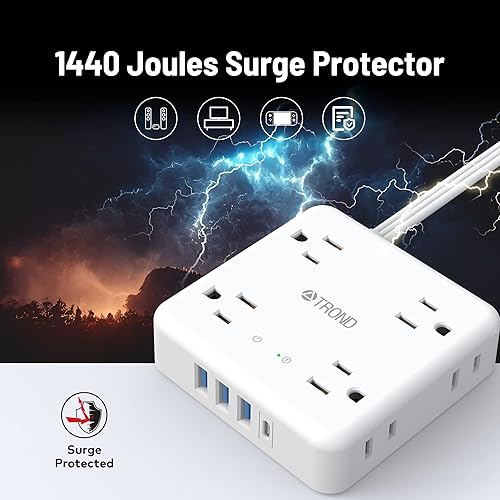 Miniatura 5 de TROND Regleta de alimentación de enchufe plano con 3 puertos USB-A y 1 puerto USB-C, 8 tomas de corriente amplias + cable de extensión ultra delgado