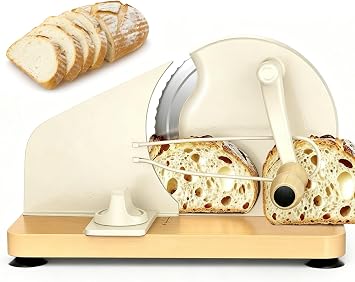 Manual Bread Slicer for Homemade Sourdough with Adjustable Thickness Stainless Steel Blade Scale Line & Suction Cup & Metal Guide Solid Wood Base Hand Crank Bread Slicer