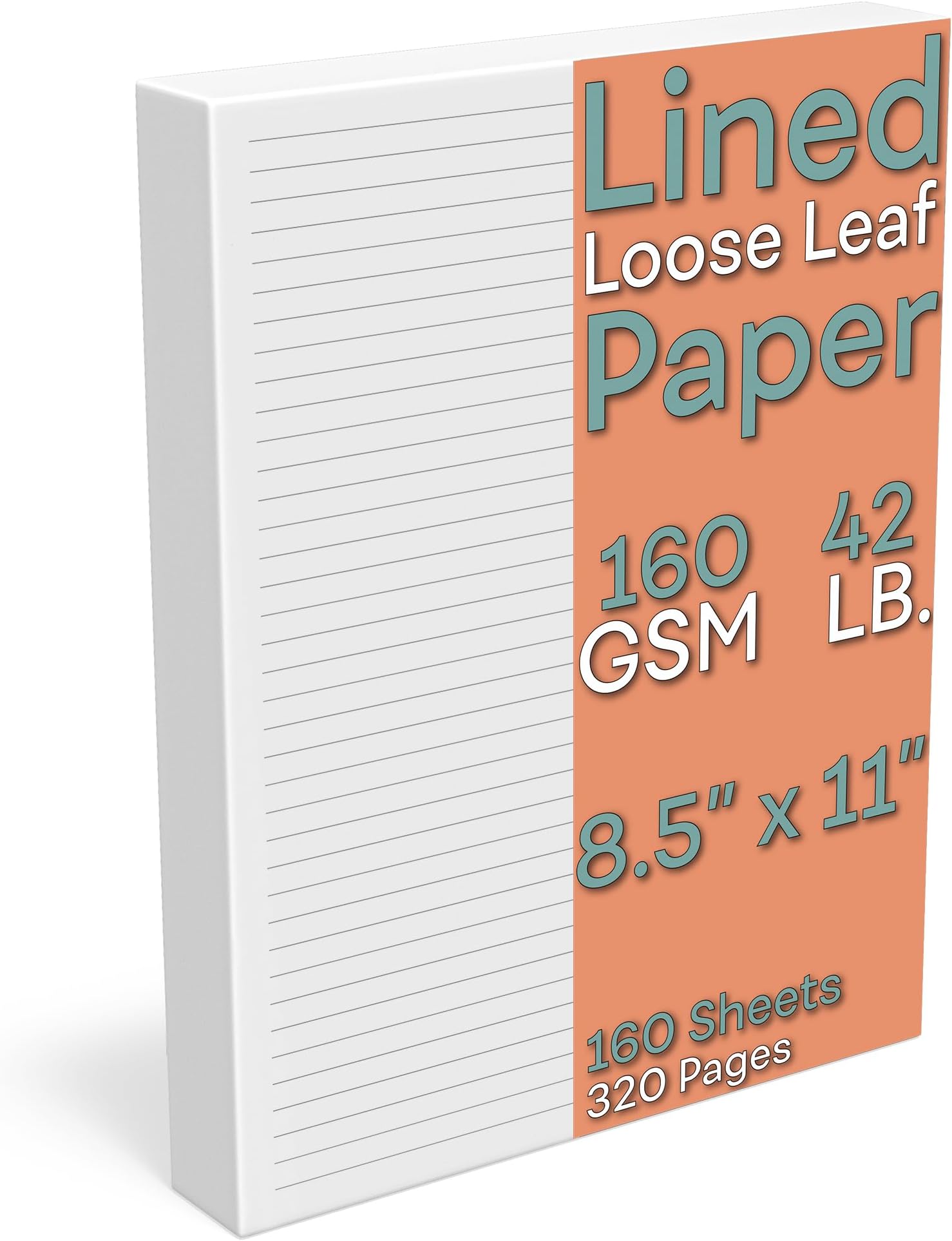 Lined Loose Leaf Paper, 160 GSM Thickness, 160 Sheets/320 Pages, Letter Size (8.5 x 11 inch), 7 mm College-Ruled Spacing, Note-Taking, Calligraphy, Binder Filling, Journaling, White, Unpunched Refill