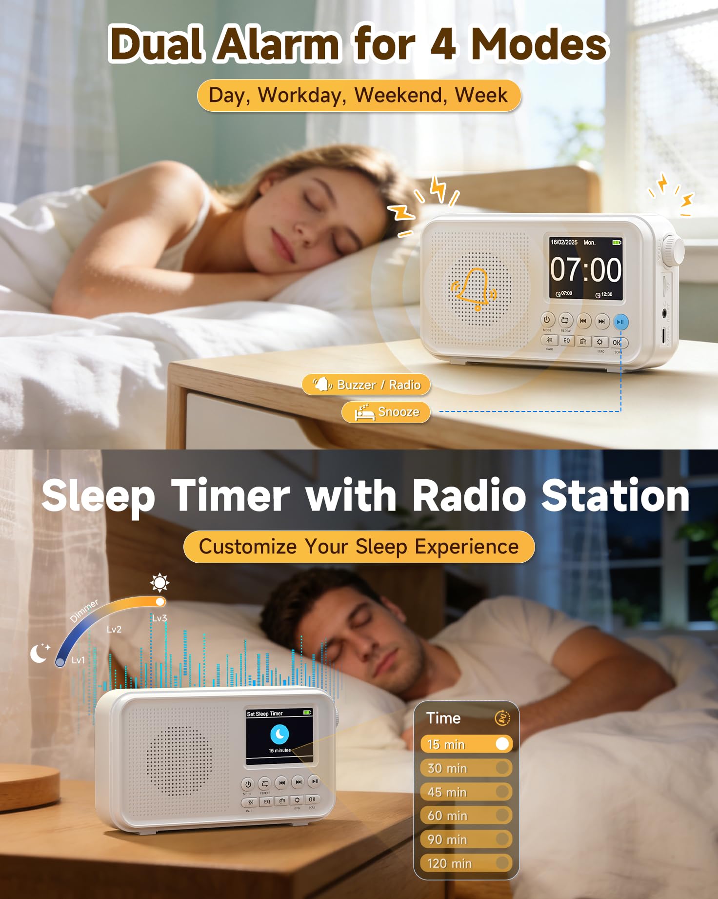 Roxicosly Portable DAB Radio, 3000mAh Rechargeable & Mains Powered Digital FM Radio with Bluetooth, 2.4" Color Display, 18H Playtime, 80 Presets, EQ, 3.5mm AUX & SD Card Slot, Dual Alarm, Sleep Timer — view 6