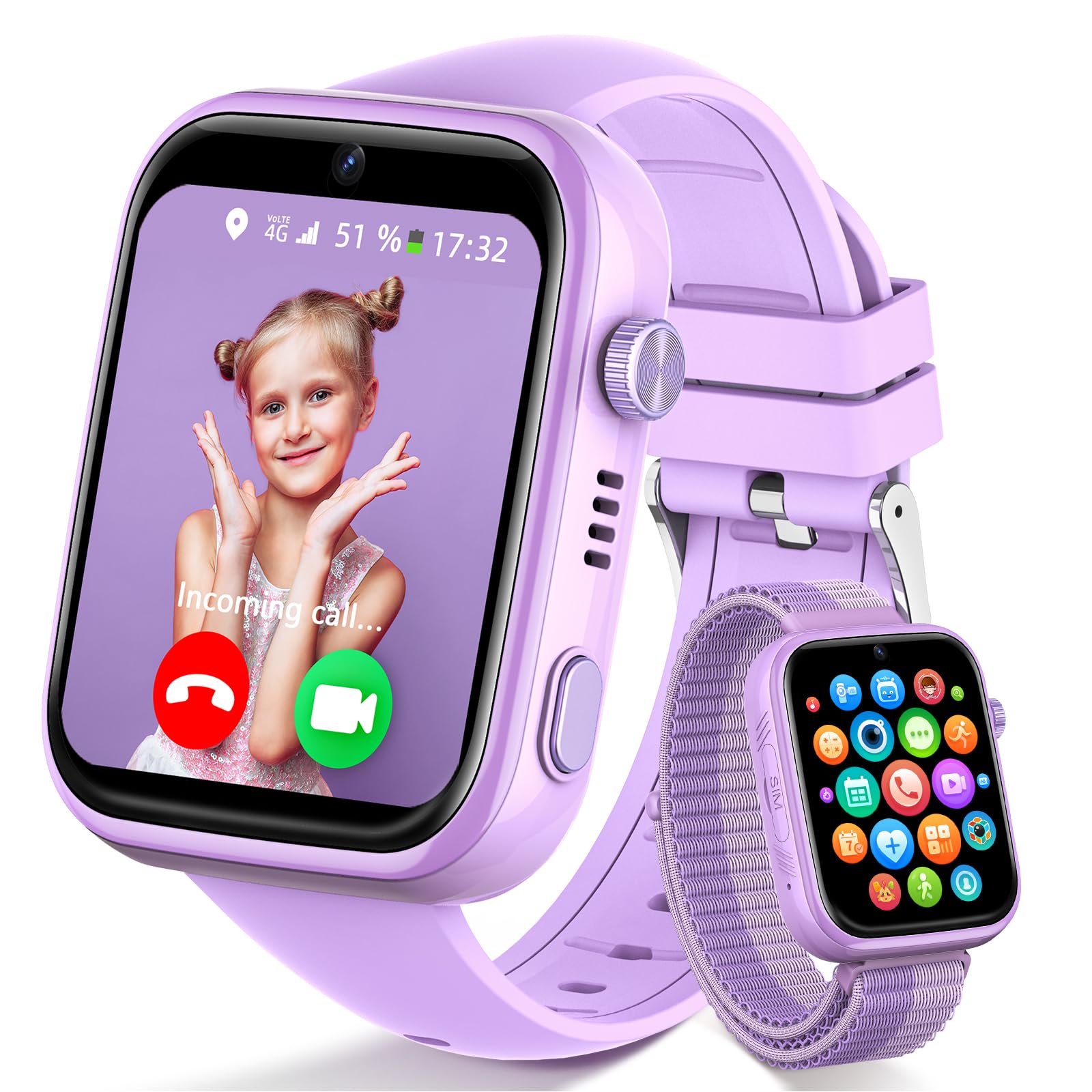 4G Children's Smartwatch, IP68 Waterproof Smartwatch Children with Calls, Video Calls, Voice Chat, SMS, WhatsApp, WiFi, GPS, SOS, School Mode, Pedometer Smart Watch Boys and Girls Purple