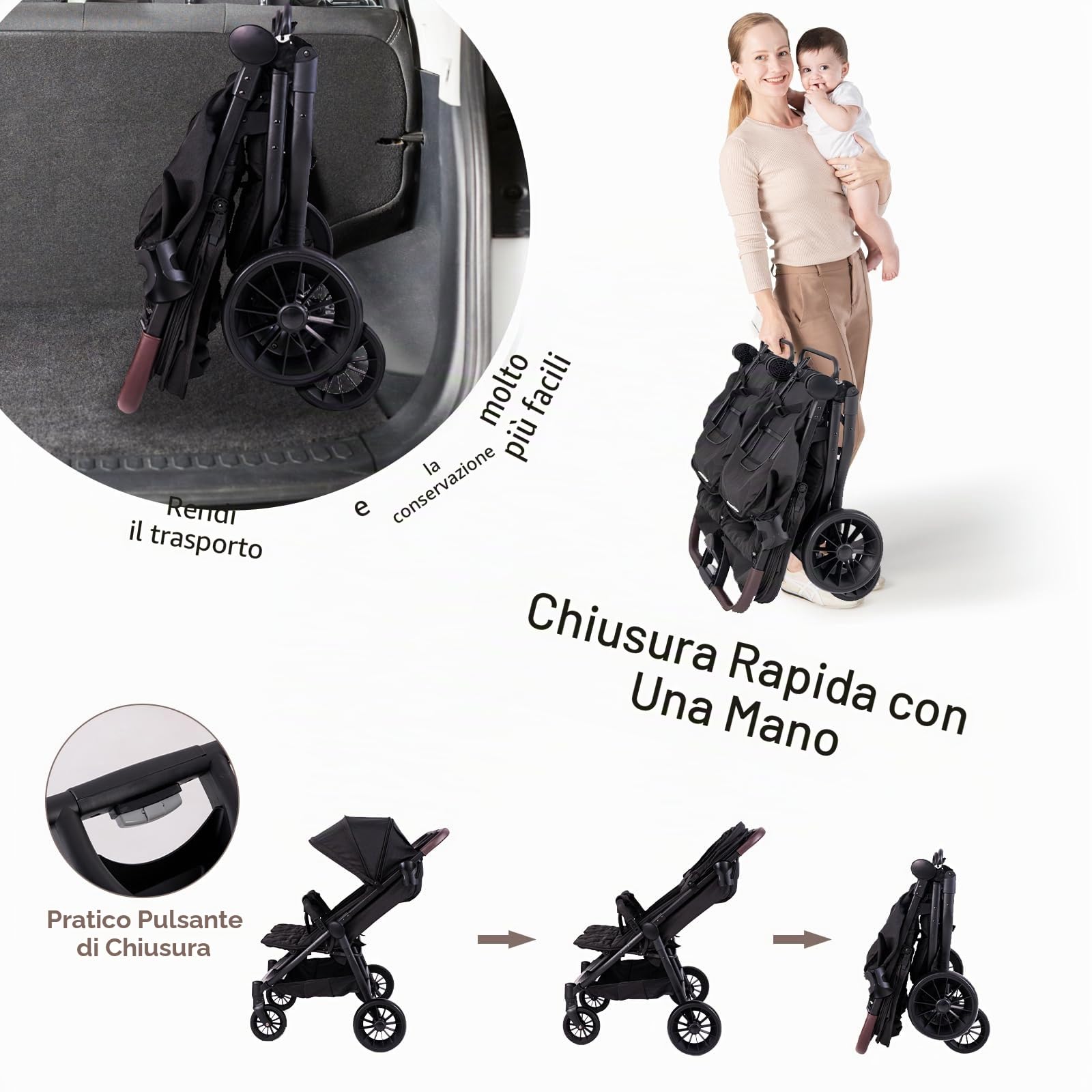 LIFEZEAL Passeggino gemellare, passeggino per gemelli pieghevole, passeggino doppio con schienale reclinabile in 3 posizioni, imbracatura a 5 punti, per bambini da 0 a 3 anni (grigio scuro)