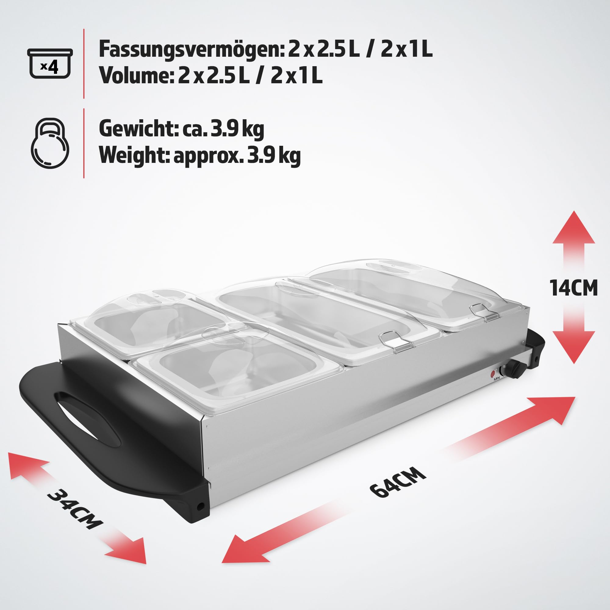 Jago® Chauffe-Plats Électrique - en Acier Inoxydable, Maintien de la Température, Couvercles Transparents - Chauffe-Buffet, Chafing Dish (8 Récipients / 4 x 2.5L + 4 x 1L (14L))