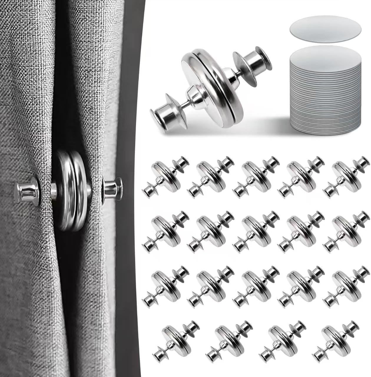 Curtain Magnets, Kaluofan 20Pairs Magnetic Curtain Clips with 20Pairs Self-Adhesive Patch, Curtains Magnet Closure No Sewing Prevent Light Leaking Keep Closed for Home Bedroom Bathroom Office Draperie