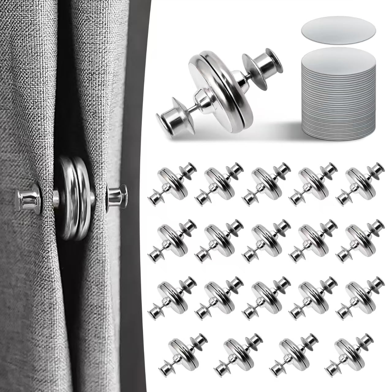 Curtain Magnets, Kaluofan 20Pairs Magnetic Curtain Clips with 20Pairs Self-Adhesive Patch, Curtains Magnet Closure No Sewing Prevent Light Leaking Keep Closed for Home Bedroom Bathroom Office Draperie