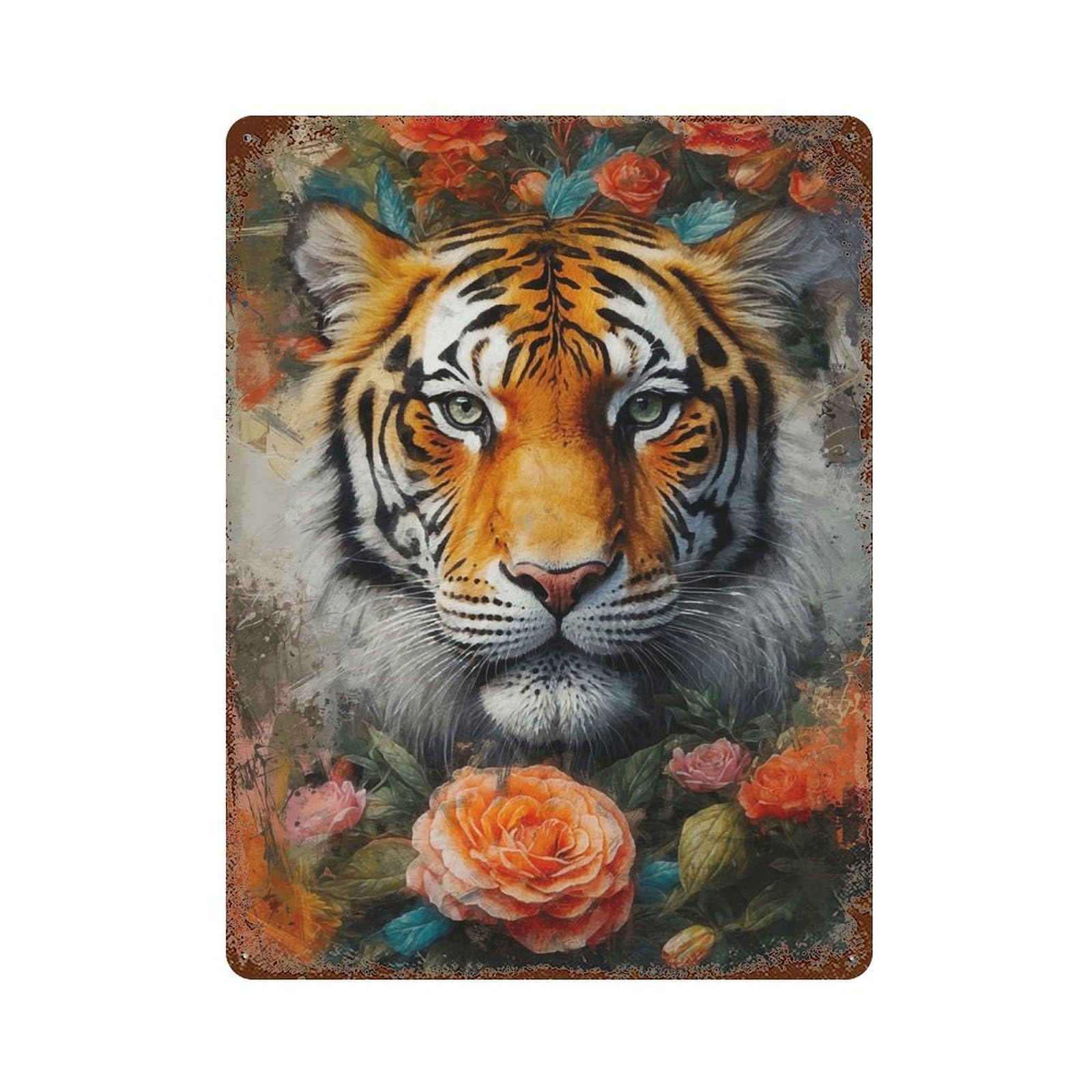 Garage Style Tiger in A Rose Garden Rustic Tin Plaque 15.7"x11.8", Classic Wall Plaque for Bar And Workshop