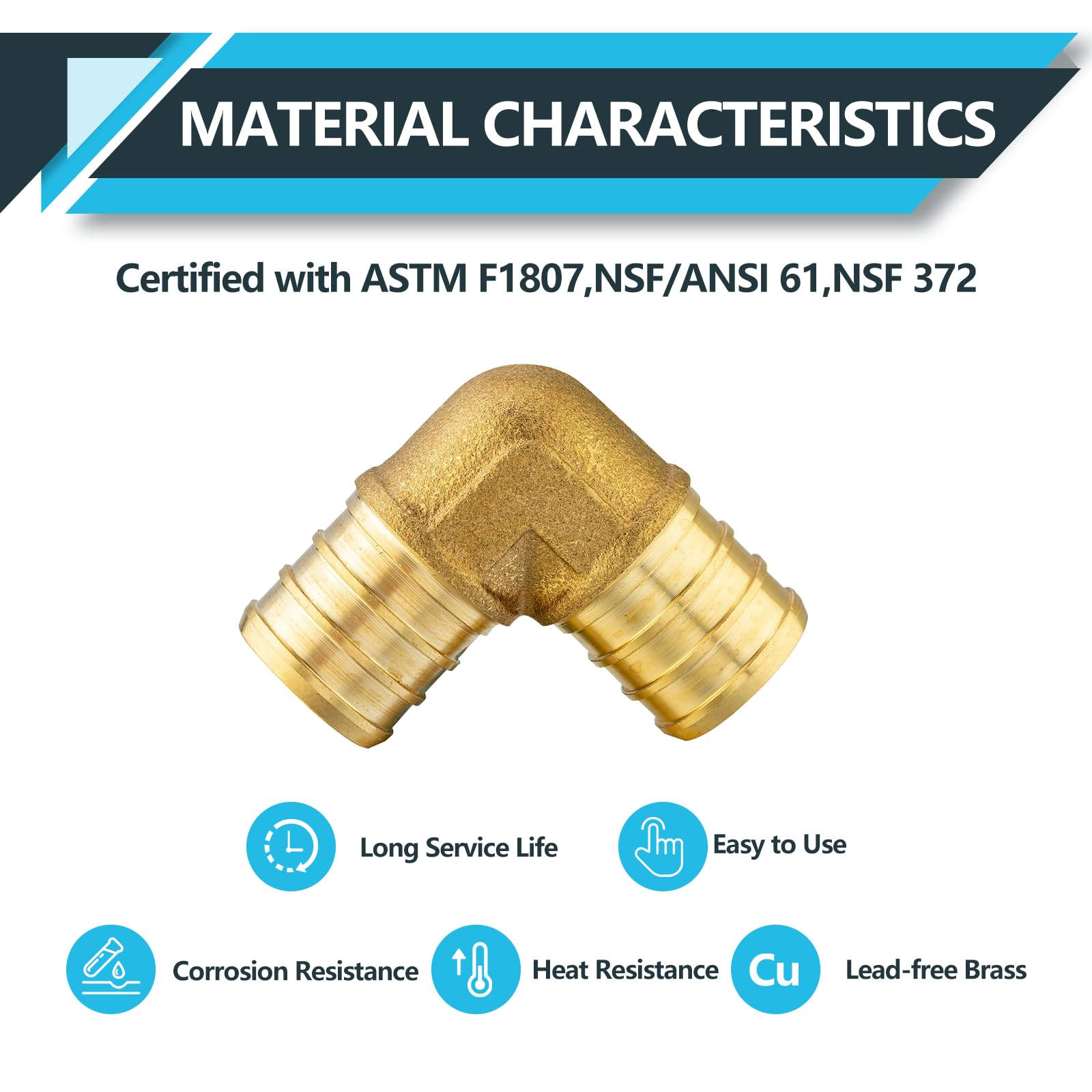 ASTM F1807 - Raccordi PEX a gomito da 2,5 cm, a 90 gradi, in ottone, per tubi PEX, confezione da 5