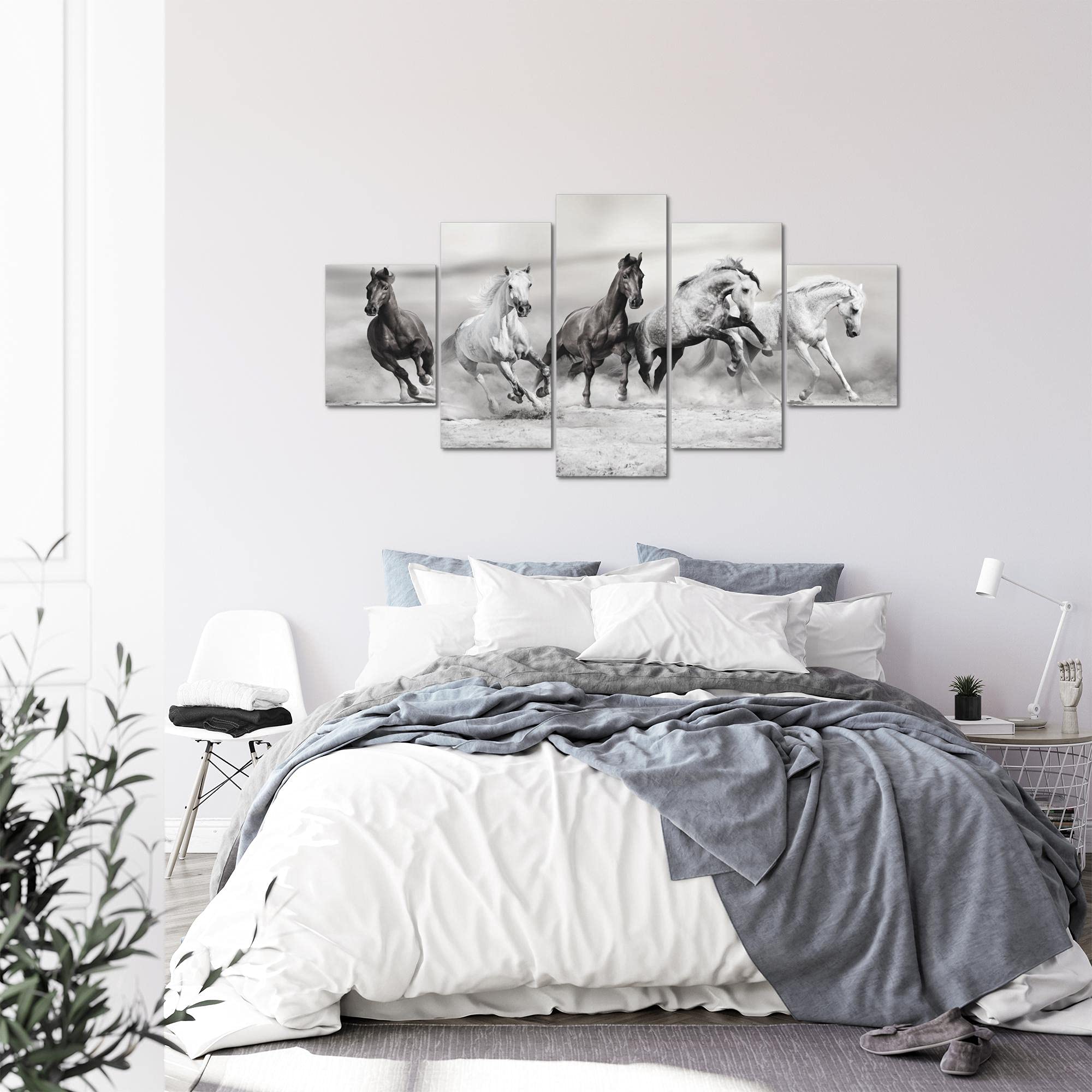 Runa Art - Quadri Cavalli 200 x 100 cm 5 Pezzi XXL Decorazione Murale Design Bianco e Nero 014151c