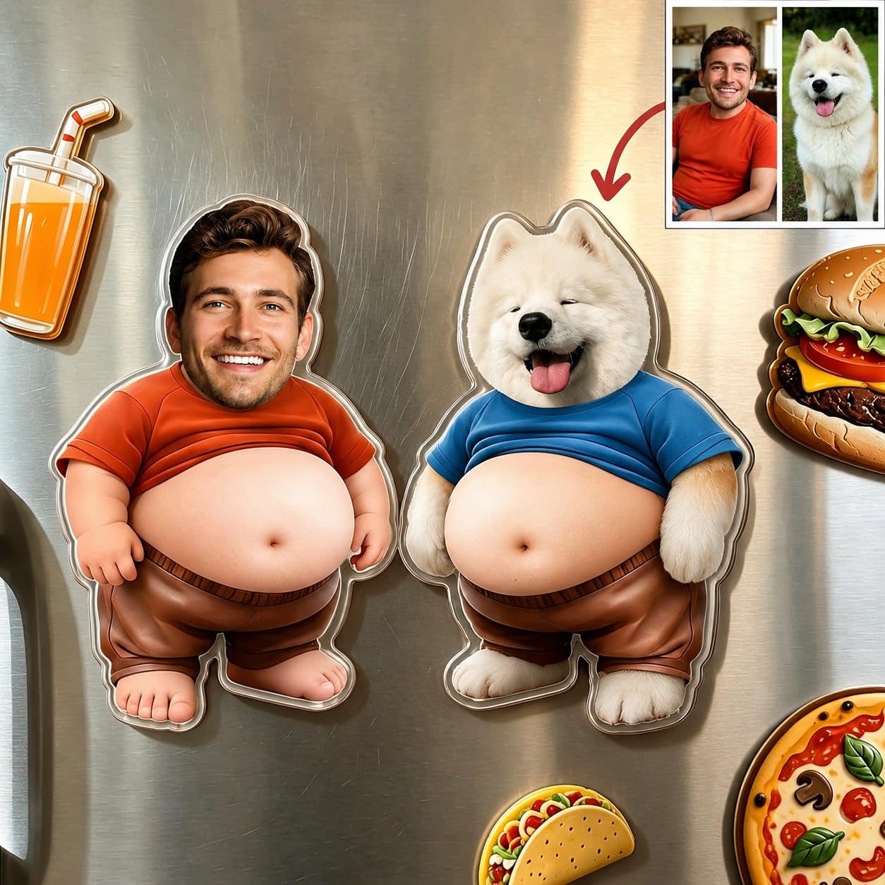 Custom Funny Squishy Belly Fridge Magnets, Personalized Face Squishy Refrigerator Magnets Pressable Belly, Squeezable Belly Fridge Decor, Stress Relief Gift (A-2PC Human and Your Pet)