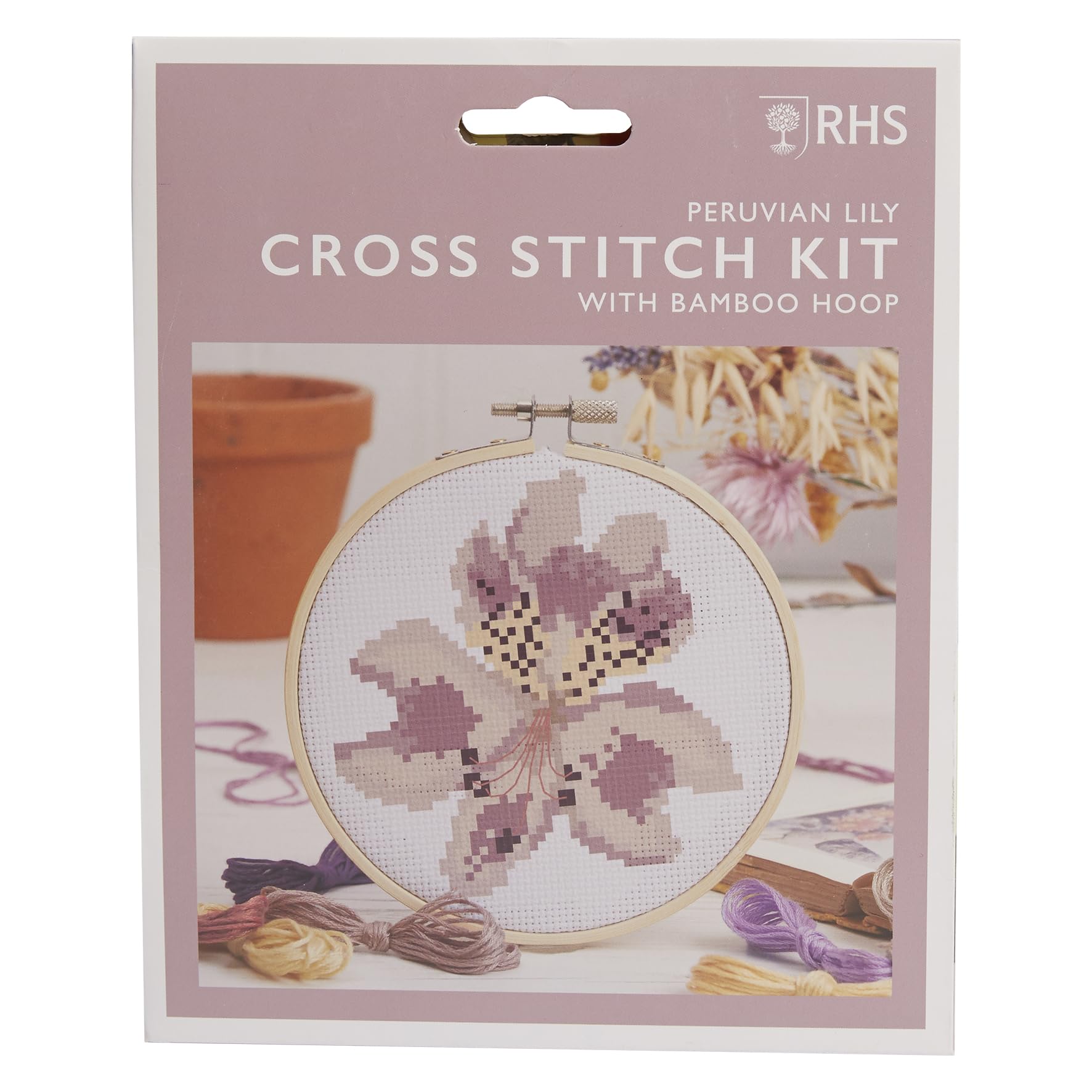 RHS The Royal Horticultural Society Cross Stitch Kit, Peruvian Lily Design, 5", Embroidery Kits Adults, Cross Stitch Beginners, Gift Idea, with Embroidery Patterns,Crafting Set
