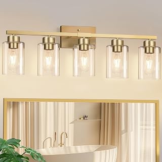 IZORRO Bathroom Light Fixtures, Modern Vanity Lights, Bathroom Lighting Fixtures Over Mirror with Clear Glass Shade, Wall Sconce for Living Room Cabinet Bedroom (Brushed Gold, 5-Light)