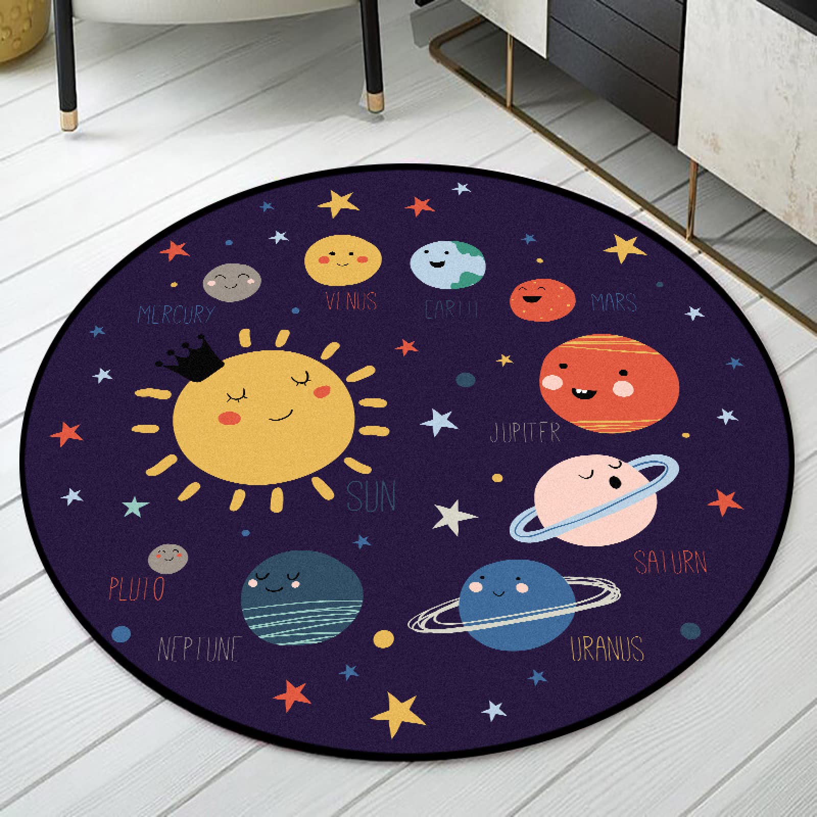 Okrągły dywanik do wnętrz i na zewnątrz kreskówka kosmiczna planeta ciemnoniebieski Antypoślizgowe okrągłe dywany do sypialni Salon Kids Room Nursery Decor ø 80 cm
