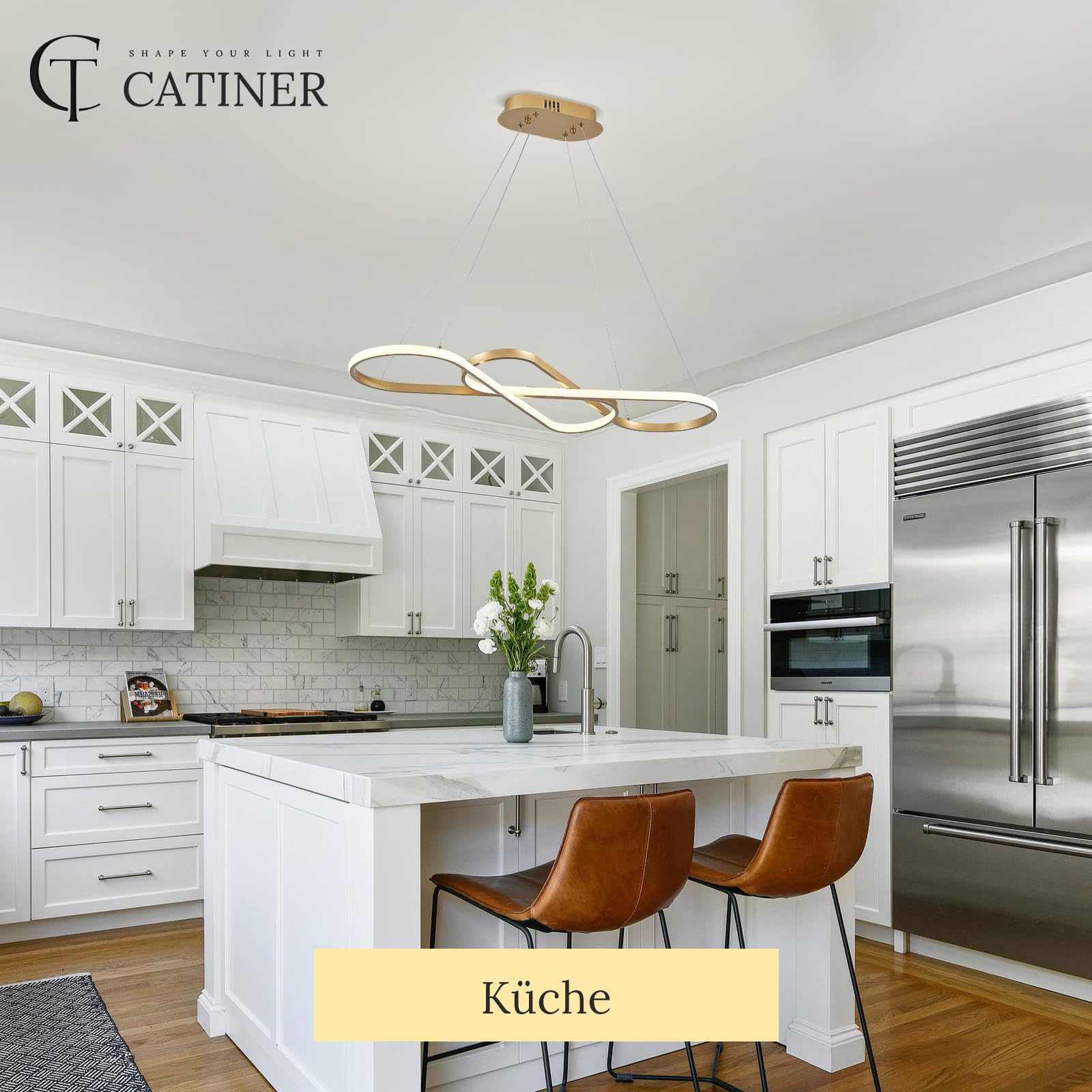 CATINER Moderner LED Hängeleuchte Gold Esszimmer Pendelleuchten 80cm Dimmbar LED Kronleuchter mit Fernbedienung Kücheninsel Linear Hängelampe für Wohnzimmer Hohe Decken 50W