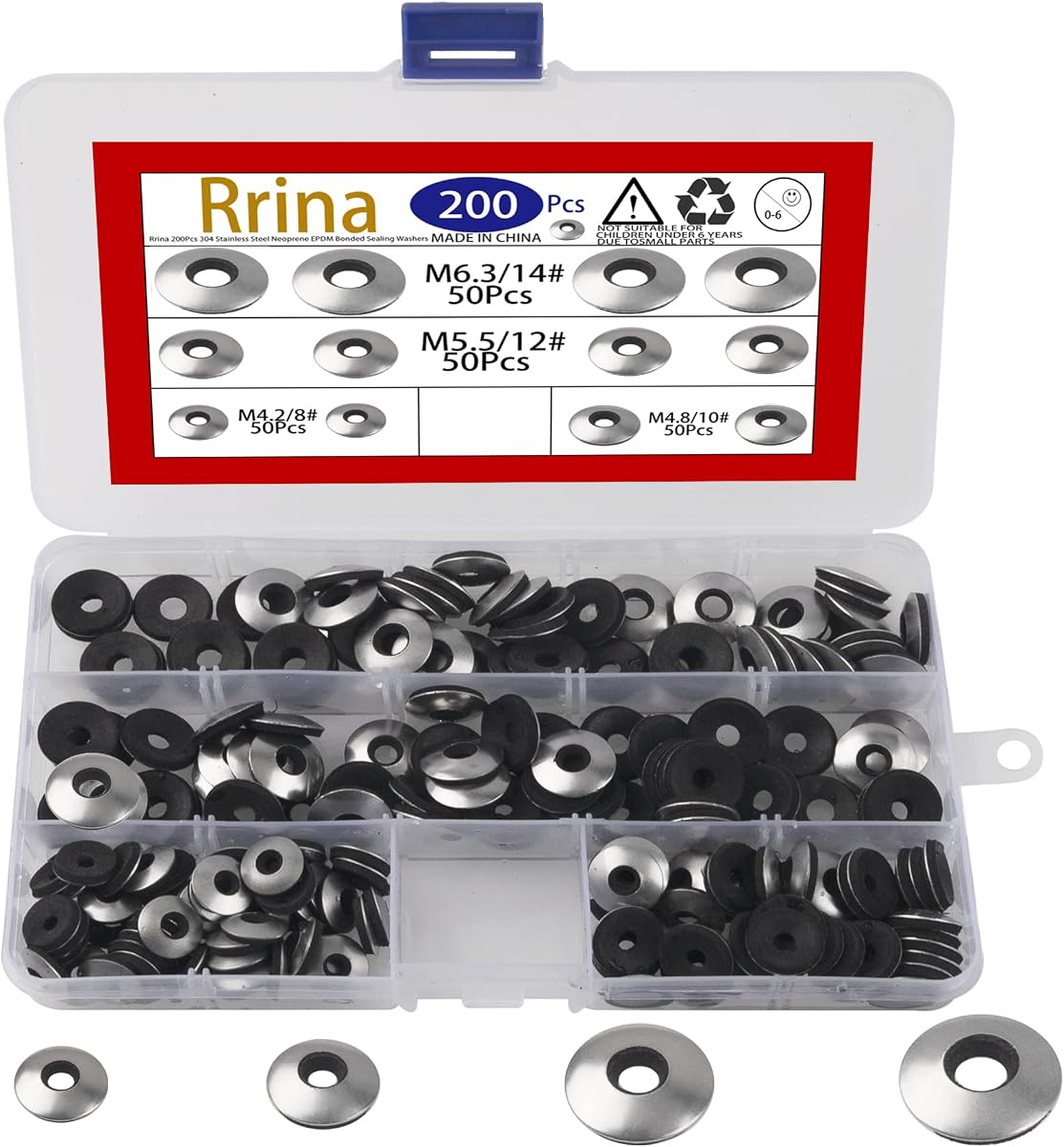 200Pcs 304 Stainless Steel Neoprene EPDM Bonded Sealing Gasket Washers Assortment Kit for 8#/10#/12#/14# Screws