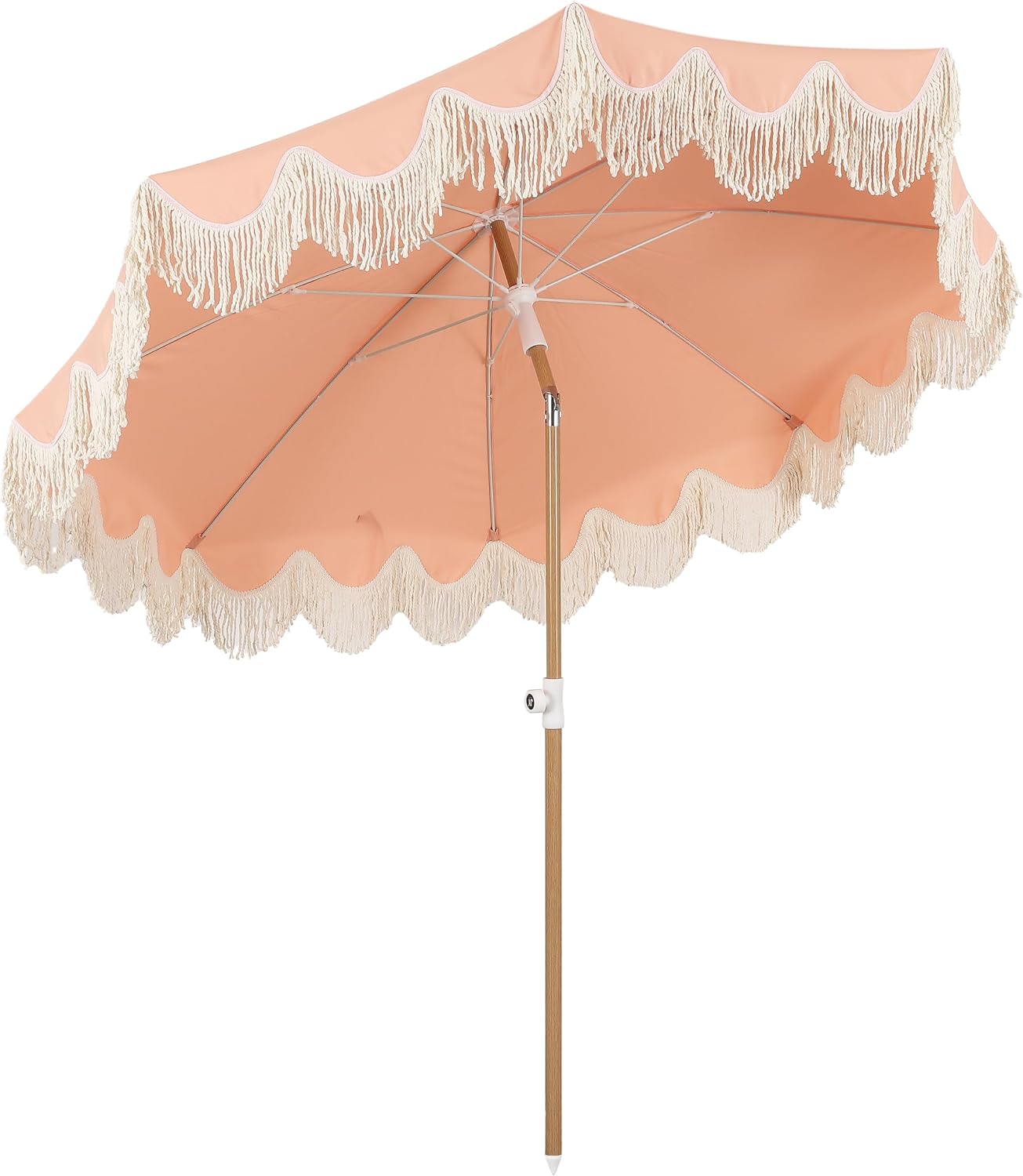 JONATHAN Y Mariner 6.5 ft. Beach Umbrella, Coral Pink Solid with Fringe, Push-Button Tilt, UPF 50+ Sun Protection and Carrying Bag for Patio and Pool, Light Brown Wood-Finish Pole UMB1005J