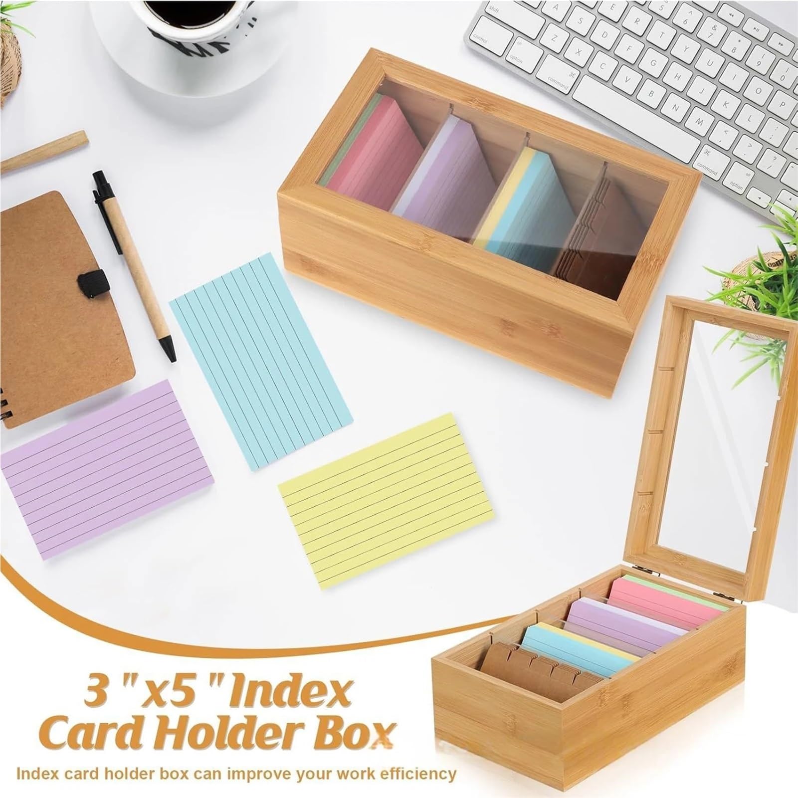Organizador de escritorio para notas adhesivas, 2 unidades, caja organizadora de tarjetas de recetas de madera con tapa para almacenamiento de escritorio para ahorrar espacio