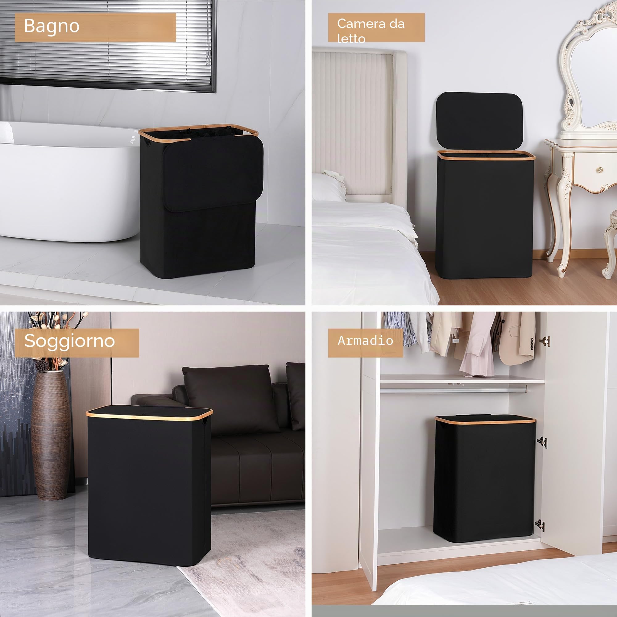 iEGrow Grande cesto portabiancheria con coperchio, 150 l, doppio cesto portabiancheria con sacchetti interni rimovibili e lavabili, 2 scomparti, pieghevole, per vestiti, giocattoli, asciugamani (nero)