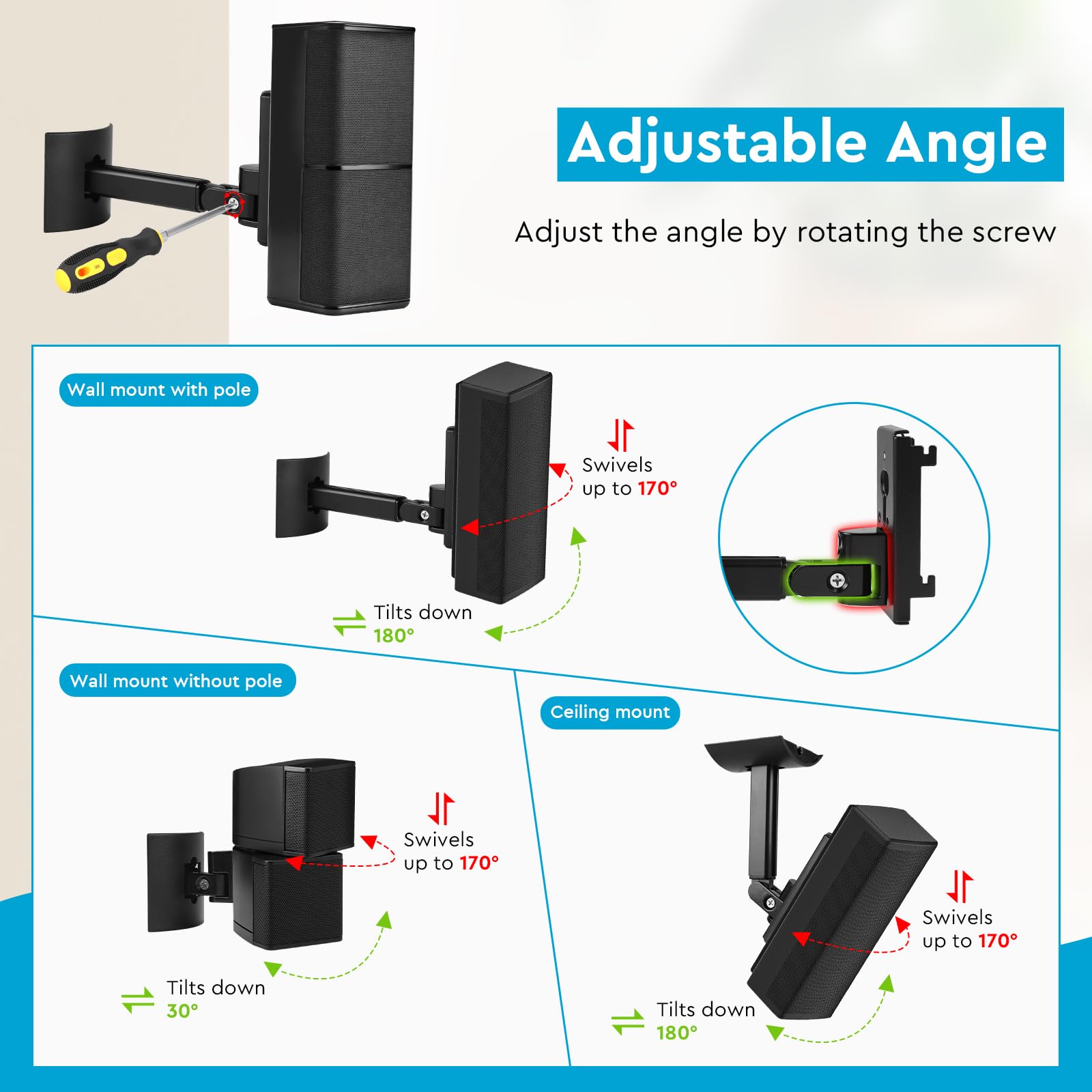 Lot de 2 Supports d'enceinte (Mur/Plafond) Support Mural pour Enceinte, Bras réglable et Angle Ajustable pour séries Bose UB-20, UB-20 Series II, WB-50 II, Lifestyle et SoundTouch (Noir)