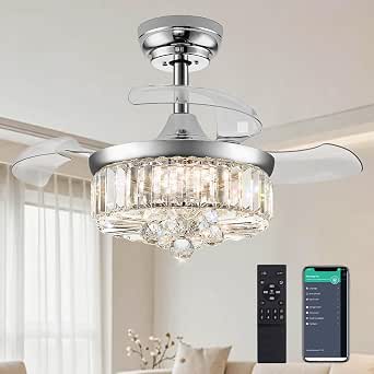 DuMaiWay 30" Chandelier Ceiling Fan with Light, Crystal Modern Fandelier, Reversible, Dimmable, Retractable, Timer for Bedroom, Dining, Living Room, Silver Chrome