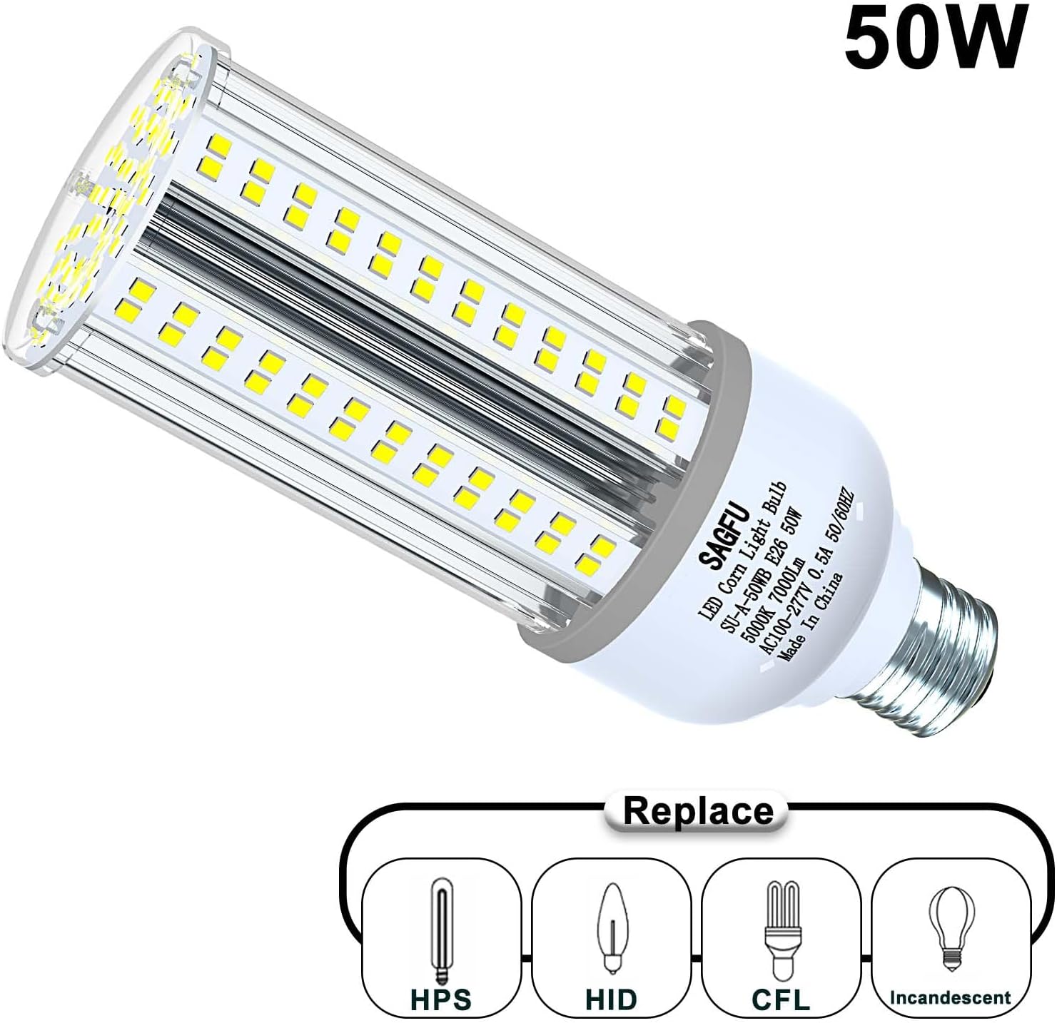 50W LED Corn Light Bulb,LED Corn Bulb 5000K Daylight White,2-Pack 500W Equivalent,Super Bright,E26 Base for Indoor Outdoor Workshop Garage Warehouse High Bay Lighting G3 (2PACK 50W 5000K)