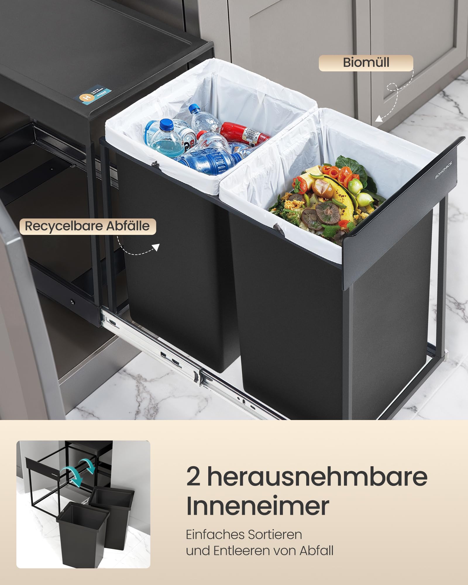 SONGMICS Mülleimer Küche, ausziehbar, Stahlrahmen, ABS-Deckel | Mülltrennsystem für Unterschrank, 2 x 20 L, Abfalleimer 2 Fächer, tintenschwarz LTB951B01