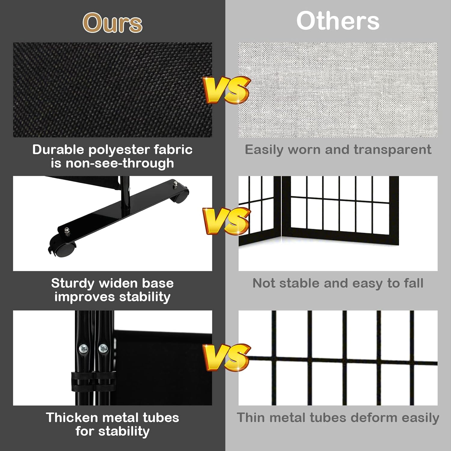 LDAILY 4 Panels Folding Room Divider, 6FT Tall Fabric Privacy Screen w/Metal Frame, Freestanding Partition Wall Divider w/Rolling Wheels for Bedroom, Dining Room, Office, Hospital (Black, 4-Panel)