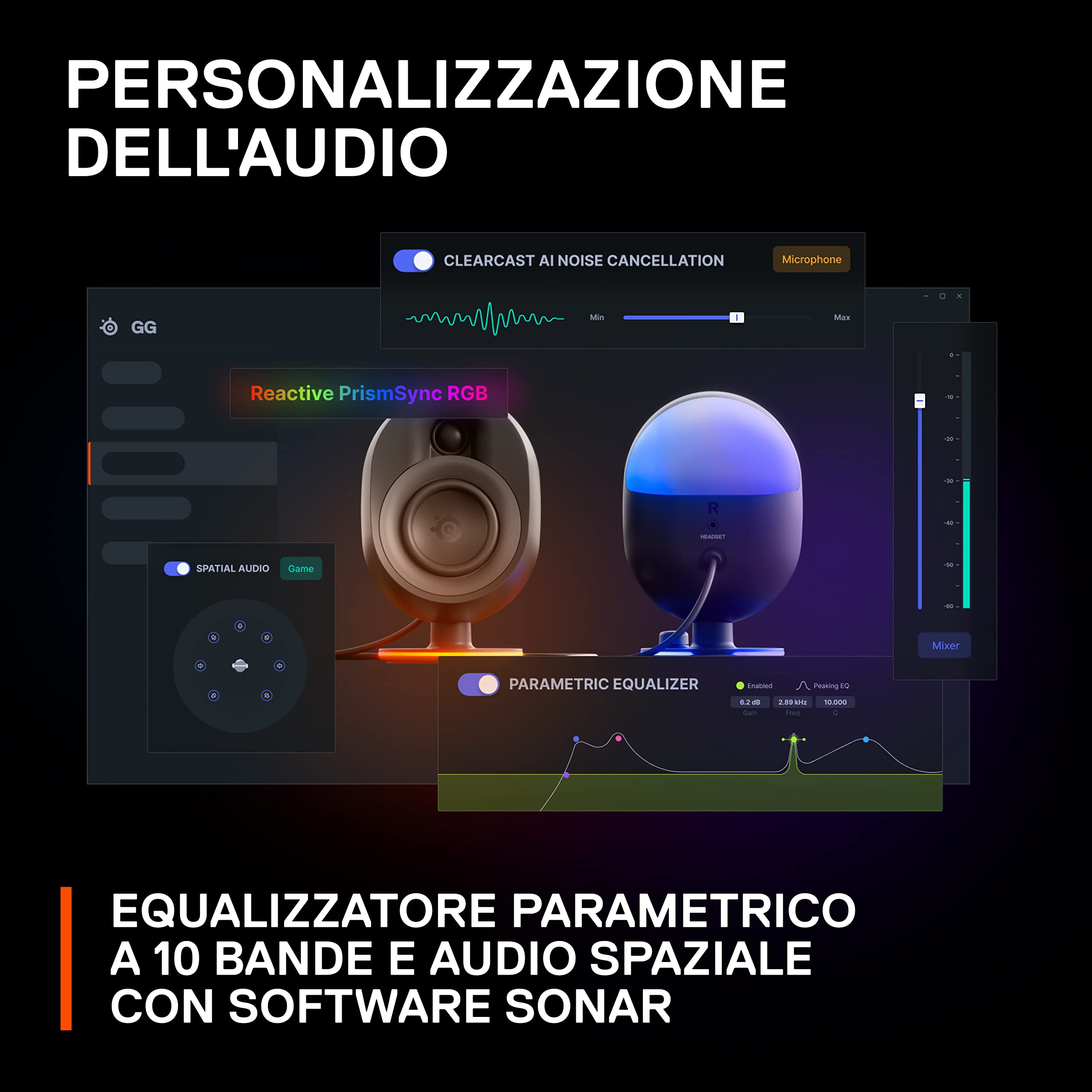 SteelSeries Arena 7 - Altoparlanti da gaming 2.1 illuminati - Design a 2 vie - Bassi potenti, subwoofer - Illuminazione RGB reattiva - USB, Aux, Ottico, Cablato - Bluetooth