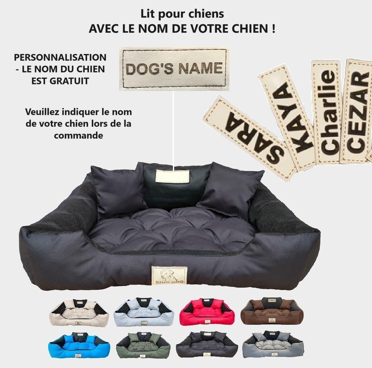 KING DOG Lit pour Grands Chiens L 100x75 Noir | Personnalisé - Nom du Chien | Coussin Imperméable | Canapé Adapté au Lavage | Moelleux, Douillet et Super Doux | Made in EU