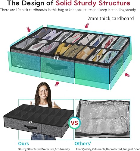 Miniatura 6 de Onlyeasy Organizador de almacenamiento de zapatos resistente debajo de la cama con asas y ventana transparente para 16 a 32 pares, caja plegable de