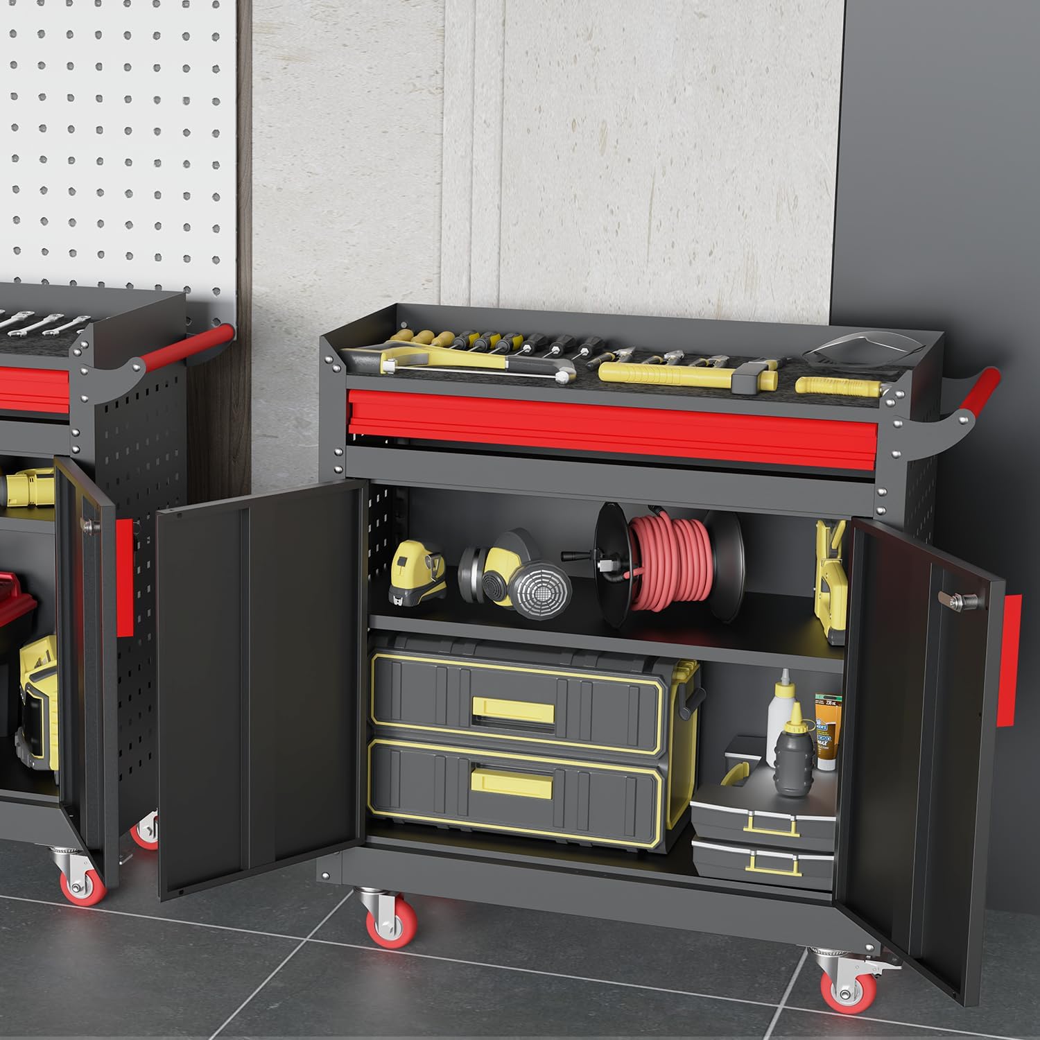 Metal Garage Storage Cabinet with Wheels,Lockable Storage Cabinets with Adjustable Shelf,Steel Tool Locker with Pegboard and Handle for Garage,Warehouse