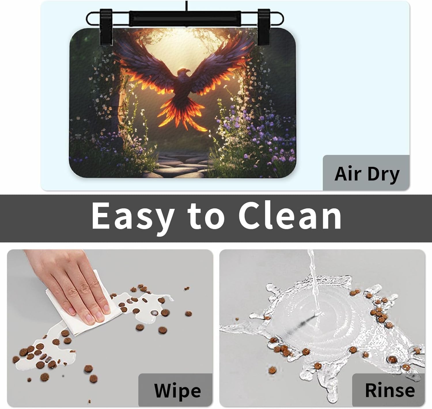 Phoenix Pet Feeding Mat Dog Cat Eating Food Absorbent Leather Tablecloth for and Water Bowl Waterproof No Stains Quick Dry Non-Slip 23.62 * 15.75IN