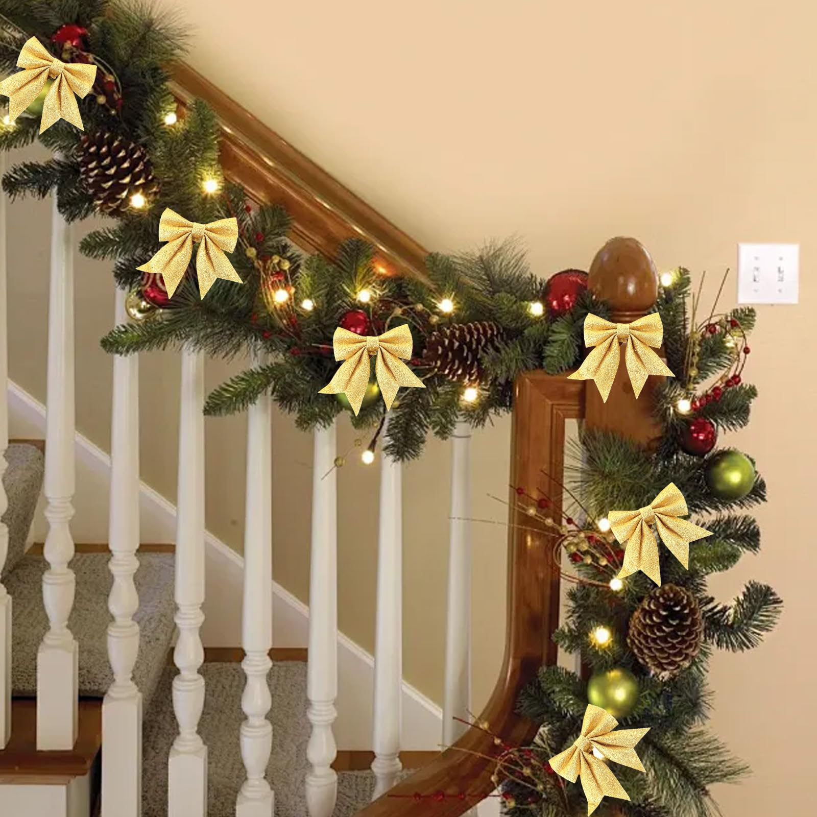 Lazos de Navidad dorados champán con lentejuelas para decoración de árbol de Navidad
