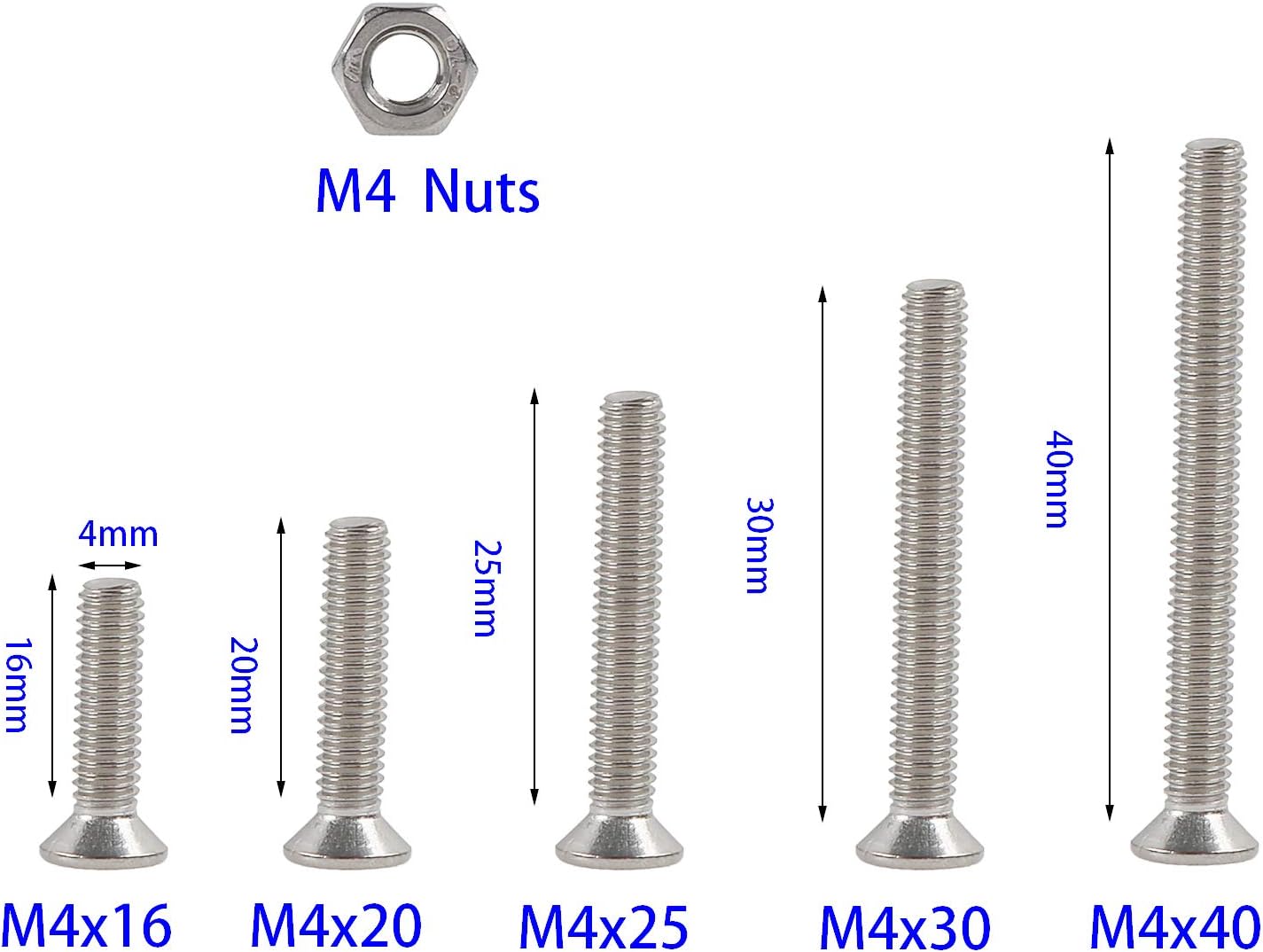 Rshuhx 200PCS M4 Cross Countersunk 304 Stainless Steel Machine Screws Bolts and Nuts Flat Head Phillips Screw Fastener Repair Tools Assortment Kit for Baby Crib Headboards Chairs Furniture - Image 3