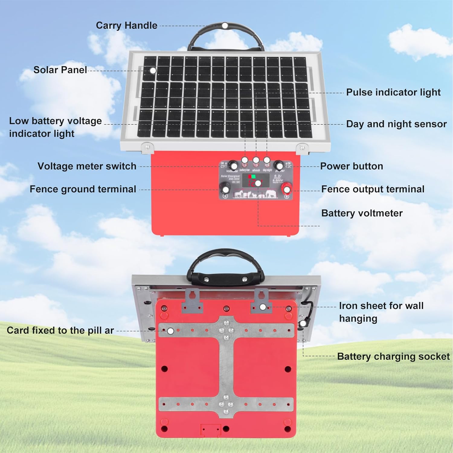 Solar Electric Fence Charger for Livestock,20 Miles Protection Range,24H/14D Uninterrupted Power,9.5KV Adjustable Output,7.5W Solar Panel,0.5 Joules Energy Output